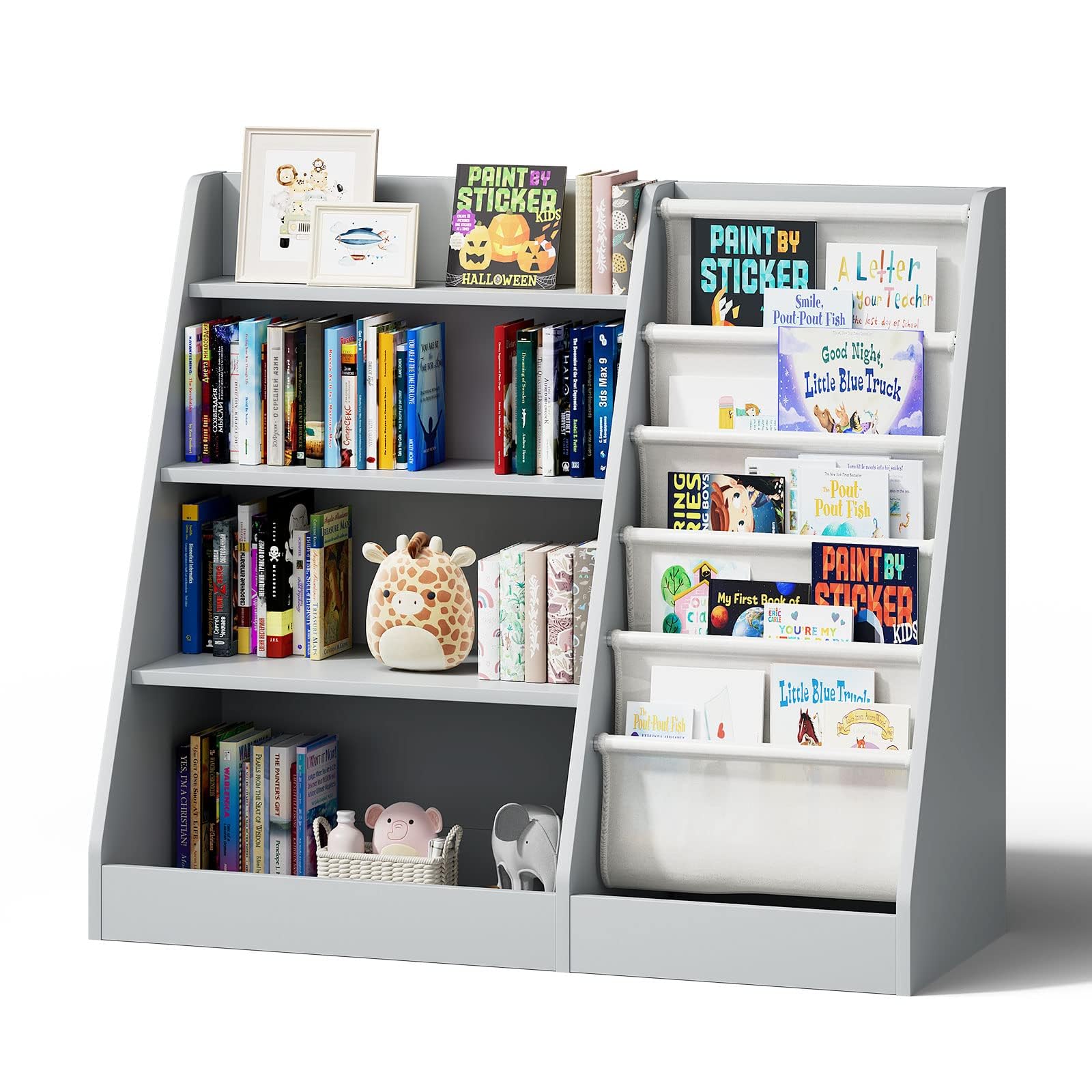 NACHES Kinderregal Bücherregal für Kinder, 90x40x80cm, mit 5 Ablage und 4 offenen Fächern, aus Holz, Spielzeugregal, Spielzeug-Organizer für Kinderzimmer, Wohnzimmer, Schlafzimmer (Grau)