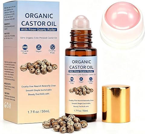Rizinusöl Kaltgepresst Roll On, 50ml (1.7 oz) Reines Castor Oil mit Rosenquarz-Kugel, Naturreine Feuchtigkeitspflege für trockene Haut, Gesicht & Körper (1 PCS)