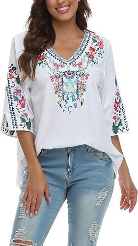 YZXDORWJ Camisas mexicanas bordadas de verano para mujer, blusa casual de manga corta