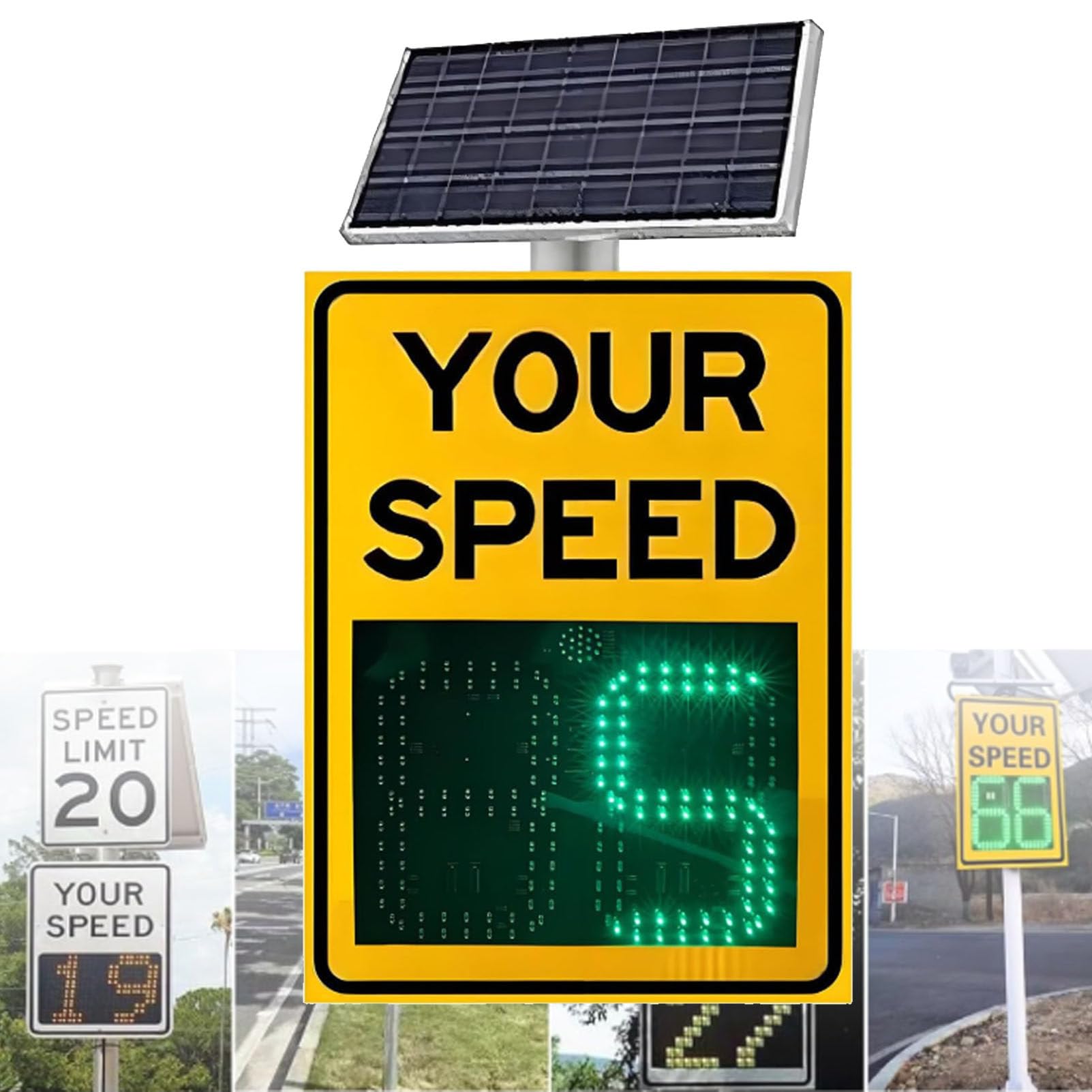 SENJINGHUA Speed Display Radar Traffic Sign with Accessories, 28"x20" Solar Powered Radar Feedback Speed Display Sign for Road/Street Traffic Safety Signage Yellow