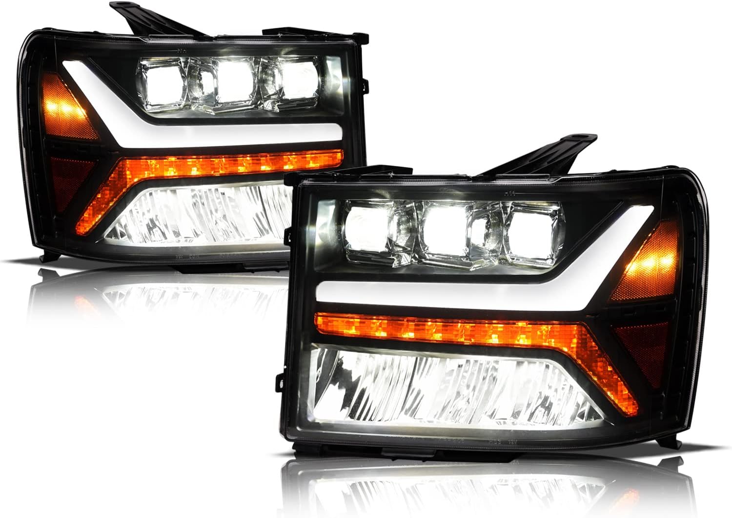 7180406 Tri-Pro Series Full LED Projector Headlights With White LED Light Bar & Sequential Signal - Black Amber Fits 2007-2013 GMC Sierra 1500/2007-2014 2500 3500 HD Halogen Models