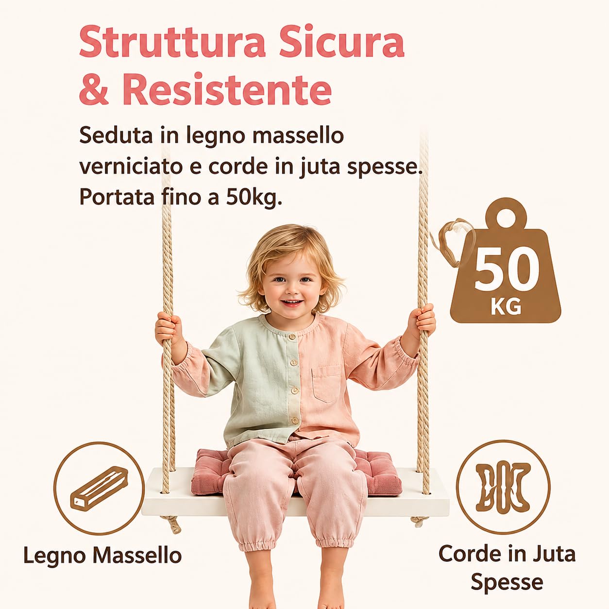 Poltrona sospesa con cuscino ispessito per bambini, altalena in legno rosa con supporto per interni ed esterni, asili, capacità di peso 50 kg