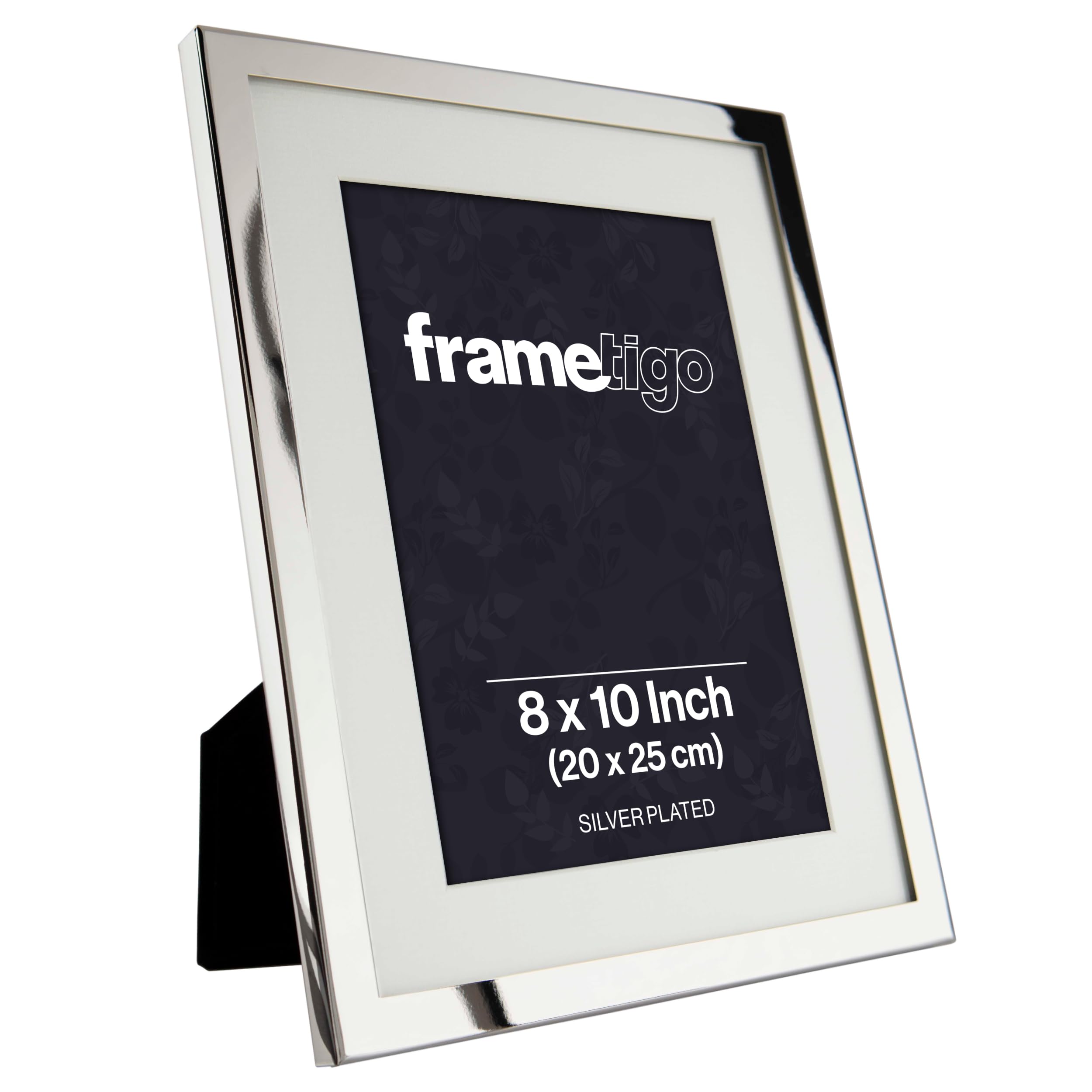 Frametigo Silver - Plated White Mount Photo Frame, 8"X10" (20X25cm) Photo Size - Velvet Frame Backing & Stand - Real Glass Window - Tarnish Resistant - Landscape Or Portrait Orientation