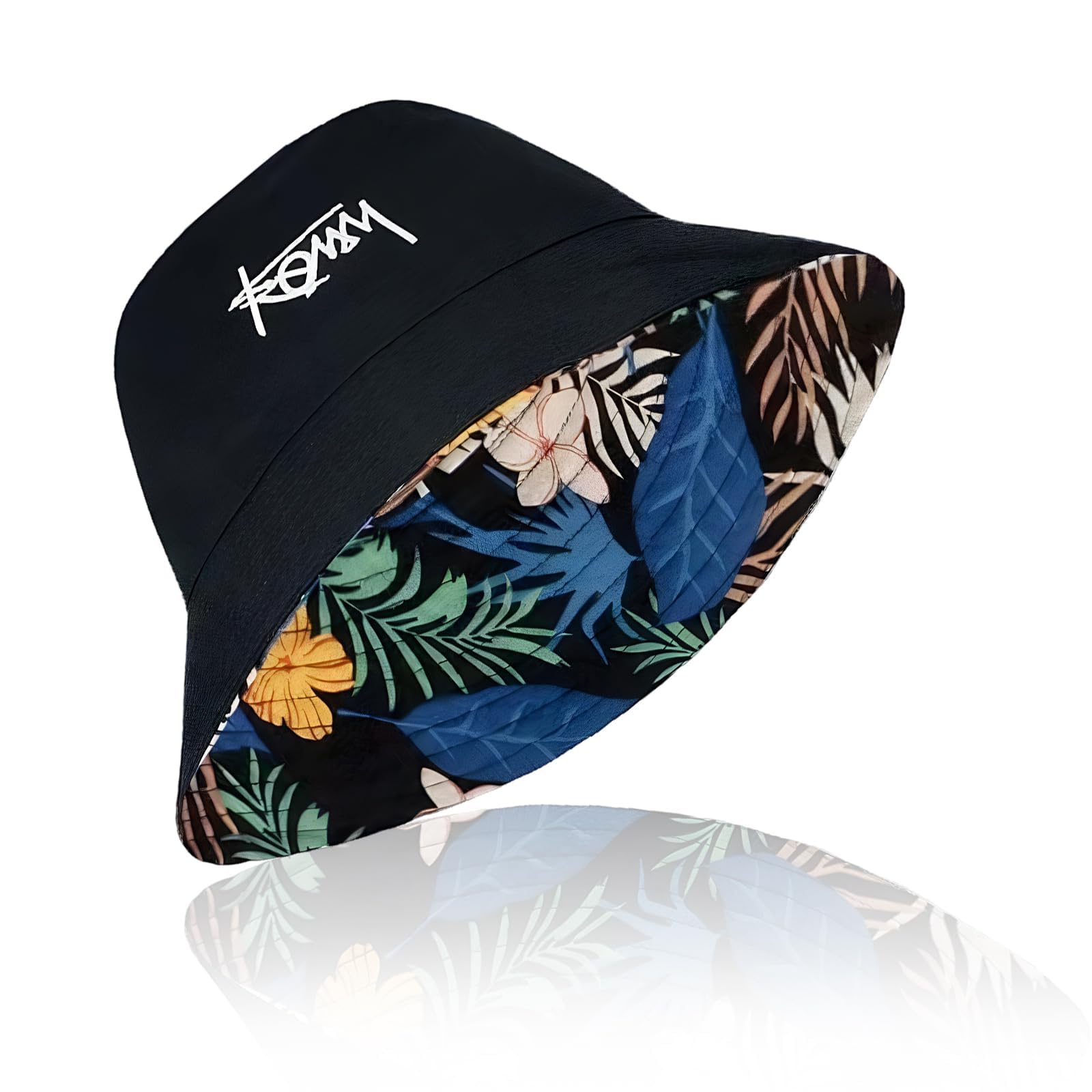 Bucket Hat, Reversible Floral Print Cap, Foldable Adjustable Headwear for Hiking Beach and Travel Black-image-16