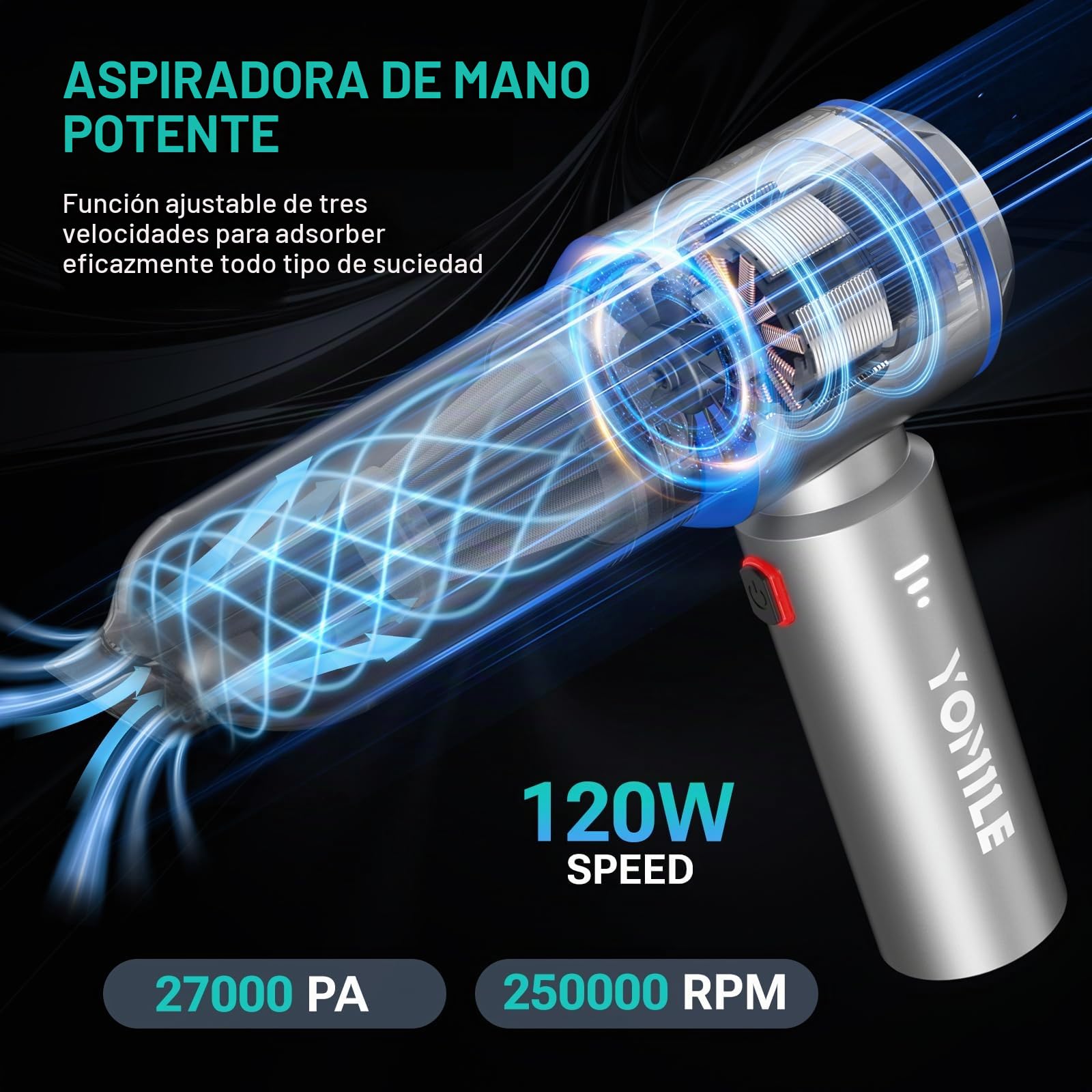 Yomile Aspirador de Mano, 27000Pa/120W, Aspiradora sin Cable Coche 4 en 1, Aspiradoras de Mano con Motor sin Escobillas de 250.000 RPM, para Coche/para Uso en la Oficina/la Cocina (L-us)