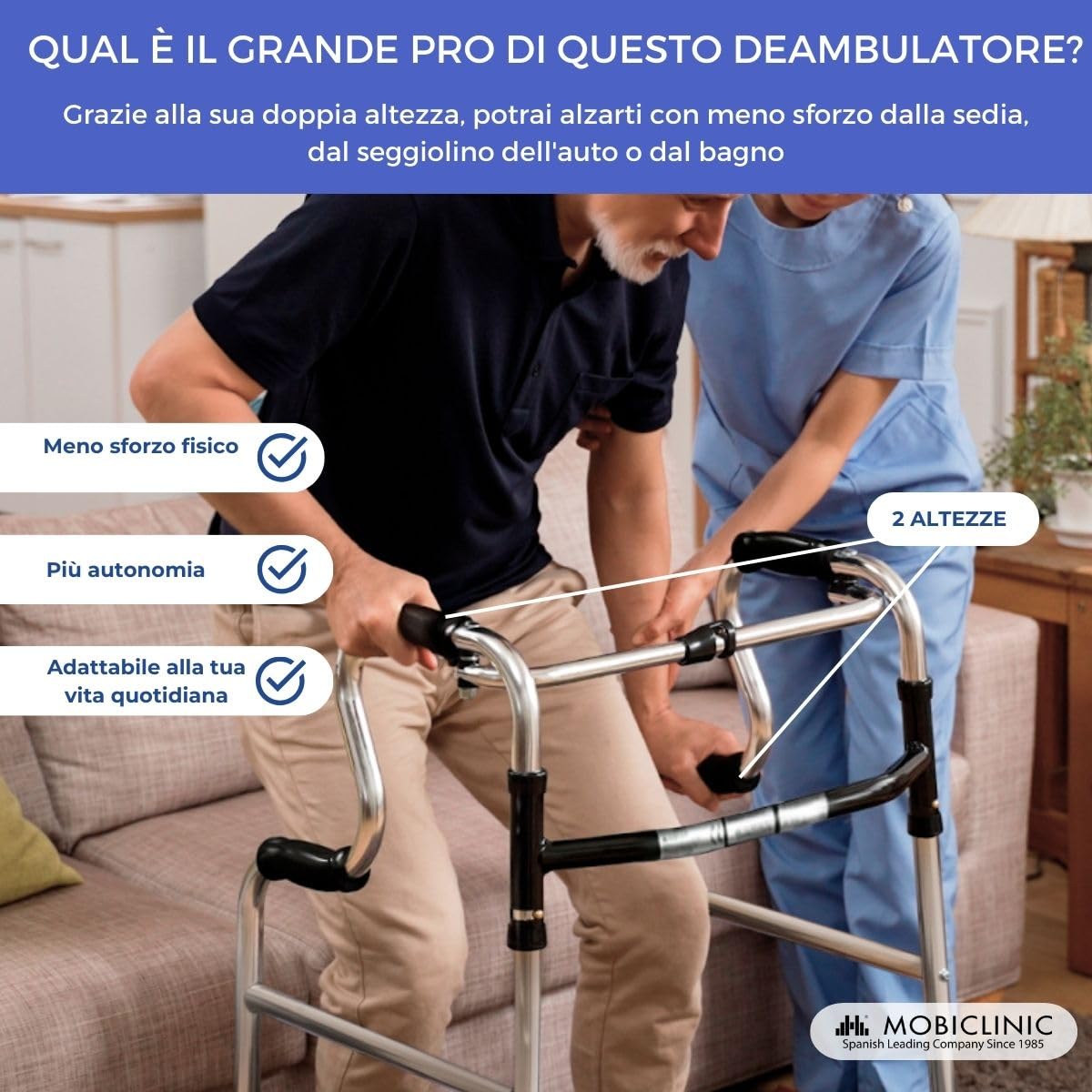 Mobiclinic®, Deambulatore per anziani, Pórtico, Marchio europeo, Girello adulti, Pieghevole e leggero, In alluminio, Senza ruote, Gommini antiscivolo