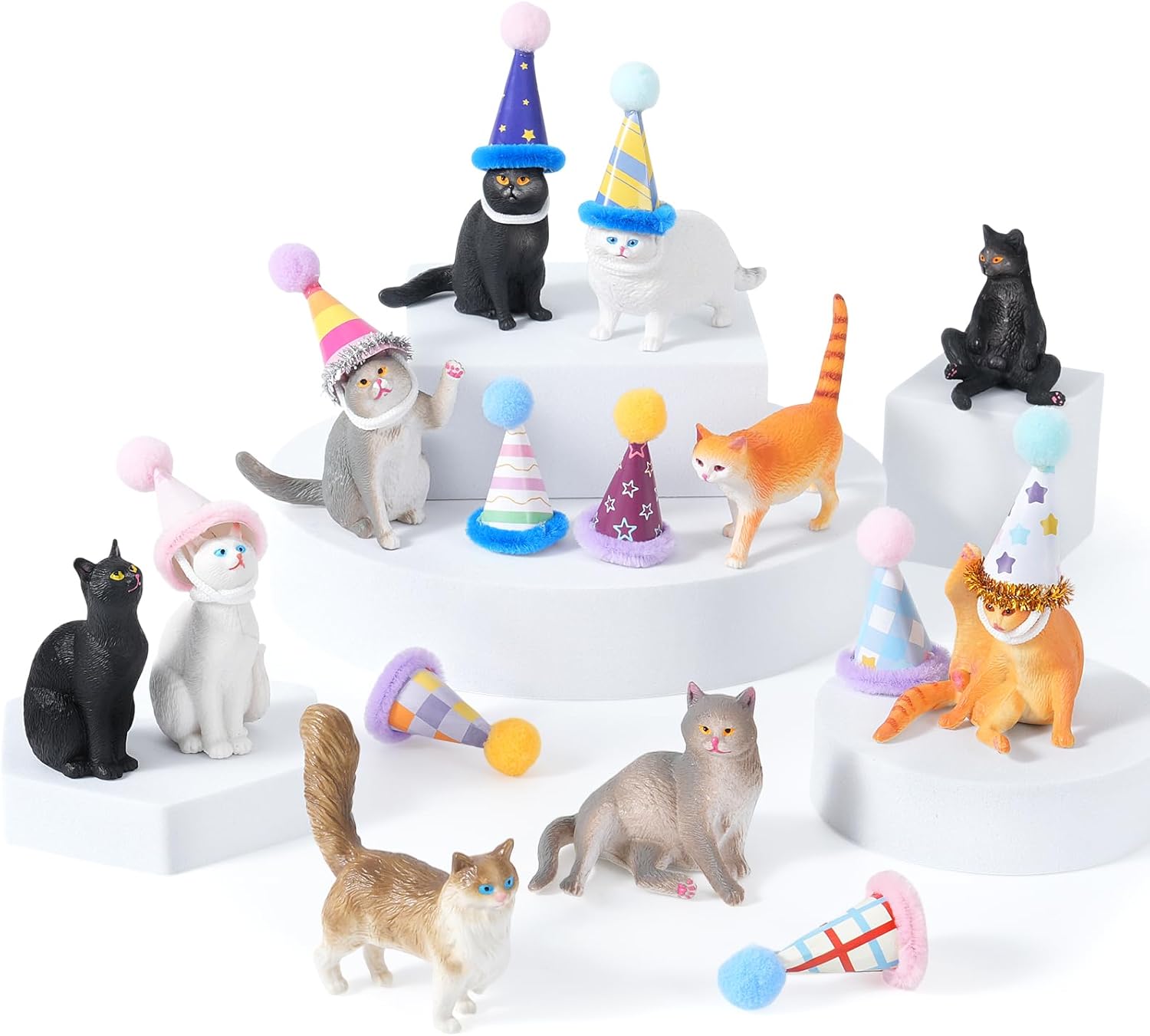 20 Pcs Miniature Cat Figurines with Birthday Hats Kit, Resin Tiny Cat Figurines Cake Toppers for Birthday Cat Cake Party Decorations