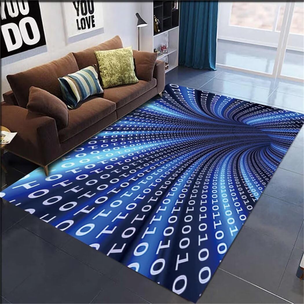 Tapis motif numérique avec effet d'illusion d'optique en bleu 200x200