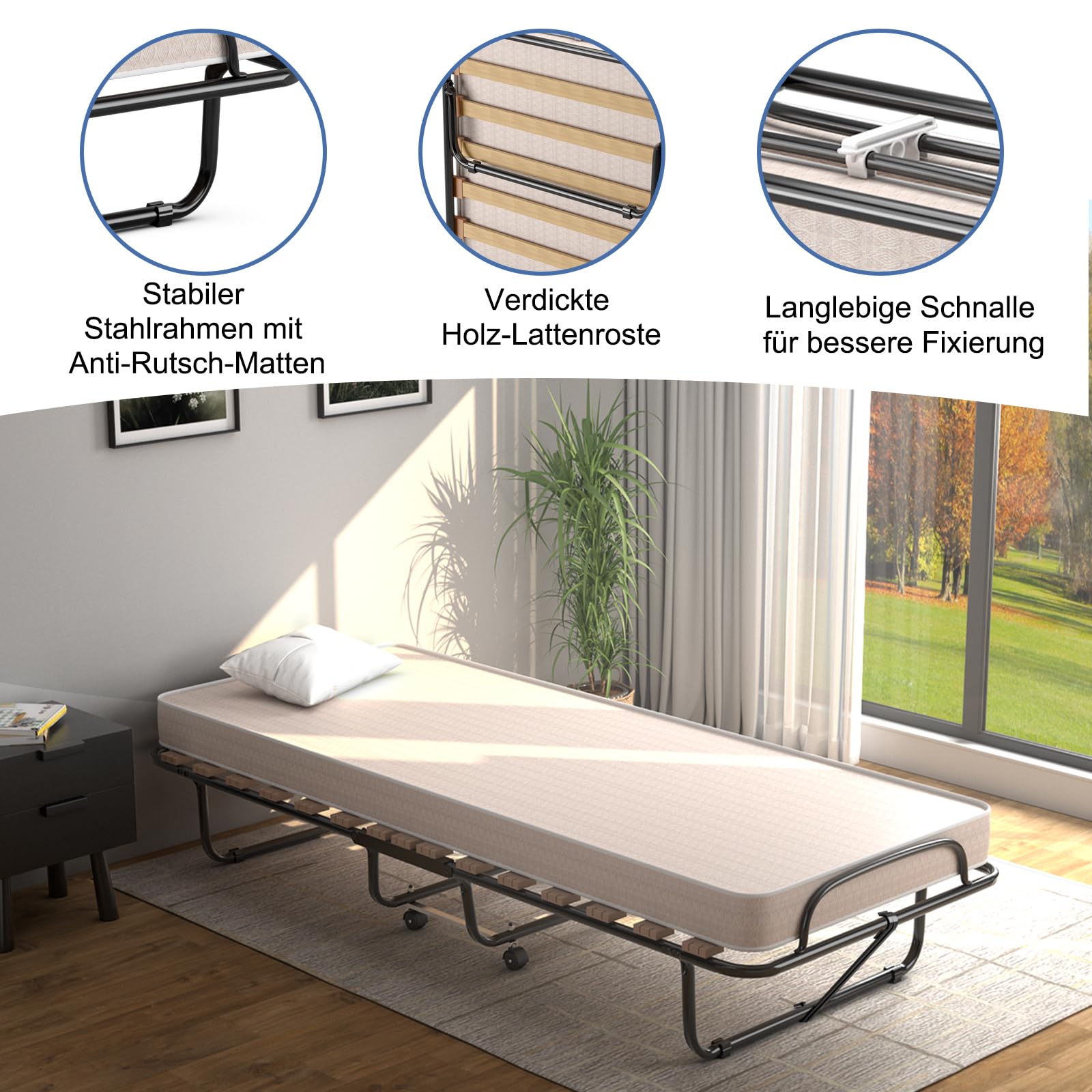 GOPLUS Gästebett 80x190 cm, Klappbett mit Matratze, Stahlrahmen, Einzelbett Erwachsene für Schlafzimmer& Büro (Beige)