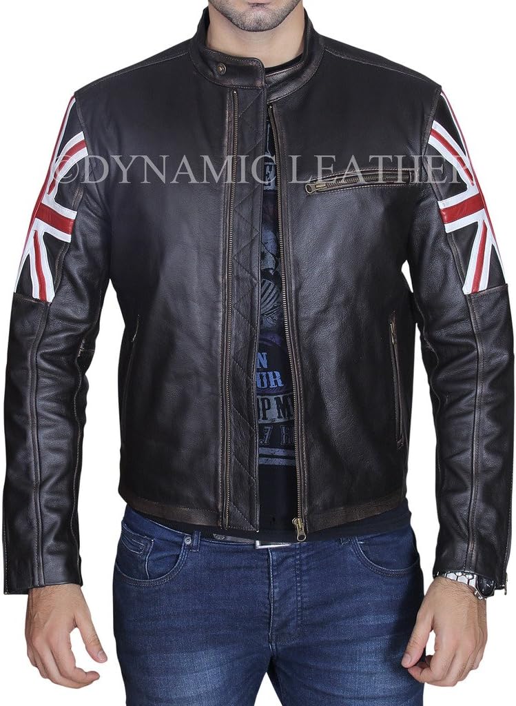 Mens Biker Vintage Brown Union Jack Cafe Racer Leather Jacket
