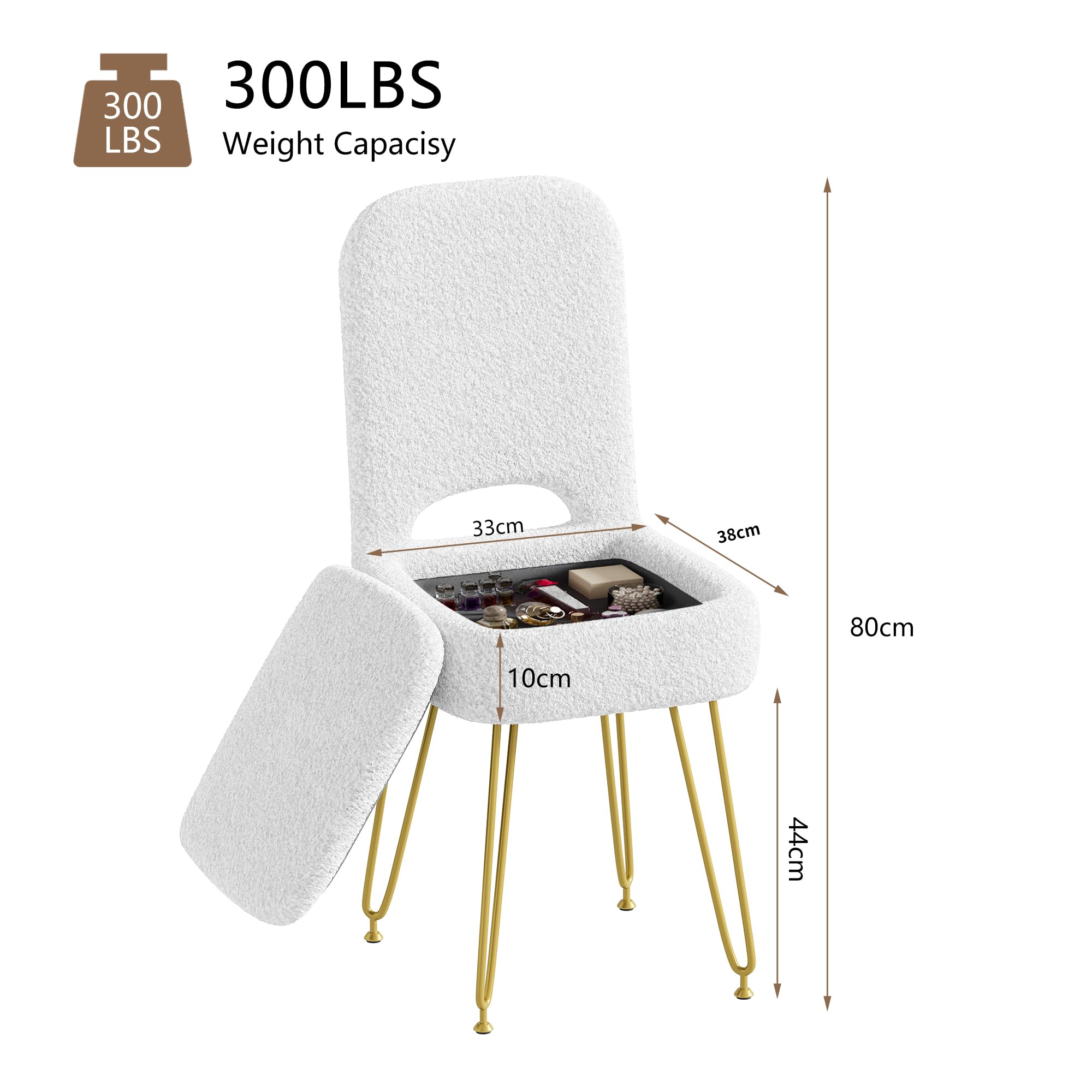 3 in 1 Sedia da Trucco con Vano Portaoggetti e Schienale, Moderno Sgabello da Trucco, Schienale Ribaltabile Che si Trasforma in Poggiapiedi, per Camera da Letto, Soggiorno,fino 136KG Bianco 33*38*80CM