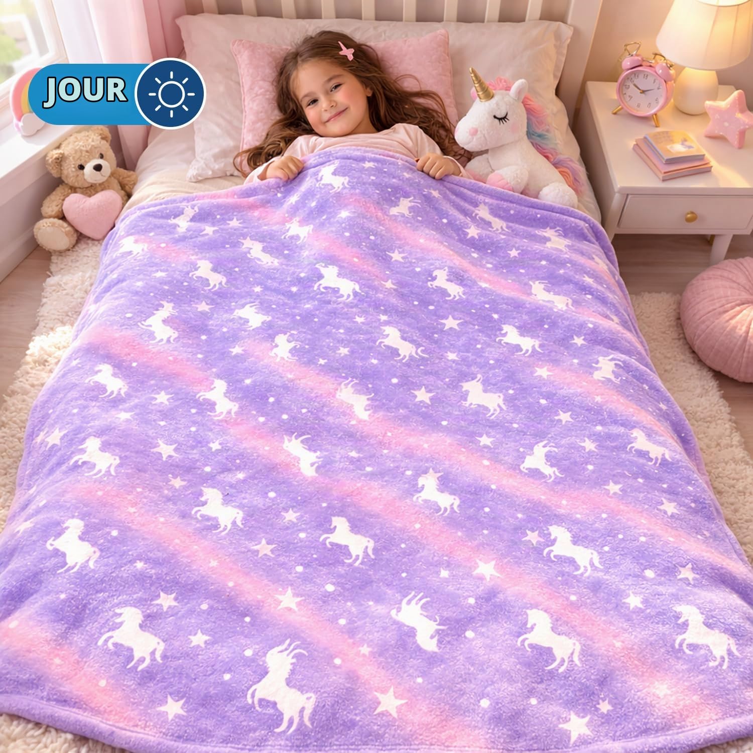 Couverture phosphorescente pour Enfants Couverture en Flanelle Polaire Motif étoiles Couverture Toutes Saisons de Noël, d'anniversaire Violet