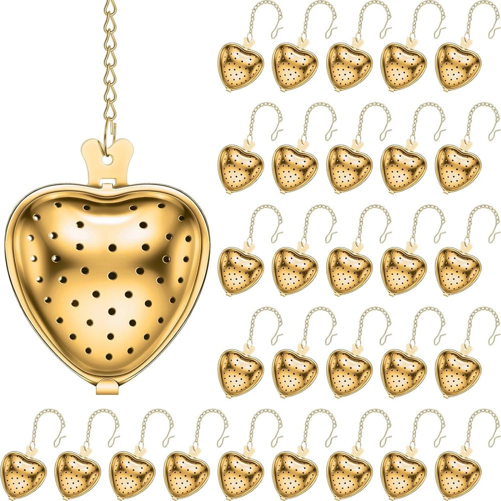 CTRLZS 30 Pcs Tea Strainer Stainless Steel Tea Interval Diffuser Heart Shape Mesh Tea Filters with Extended Chain Hook