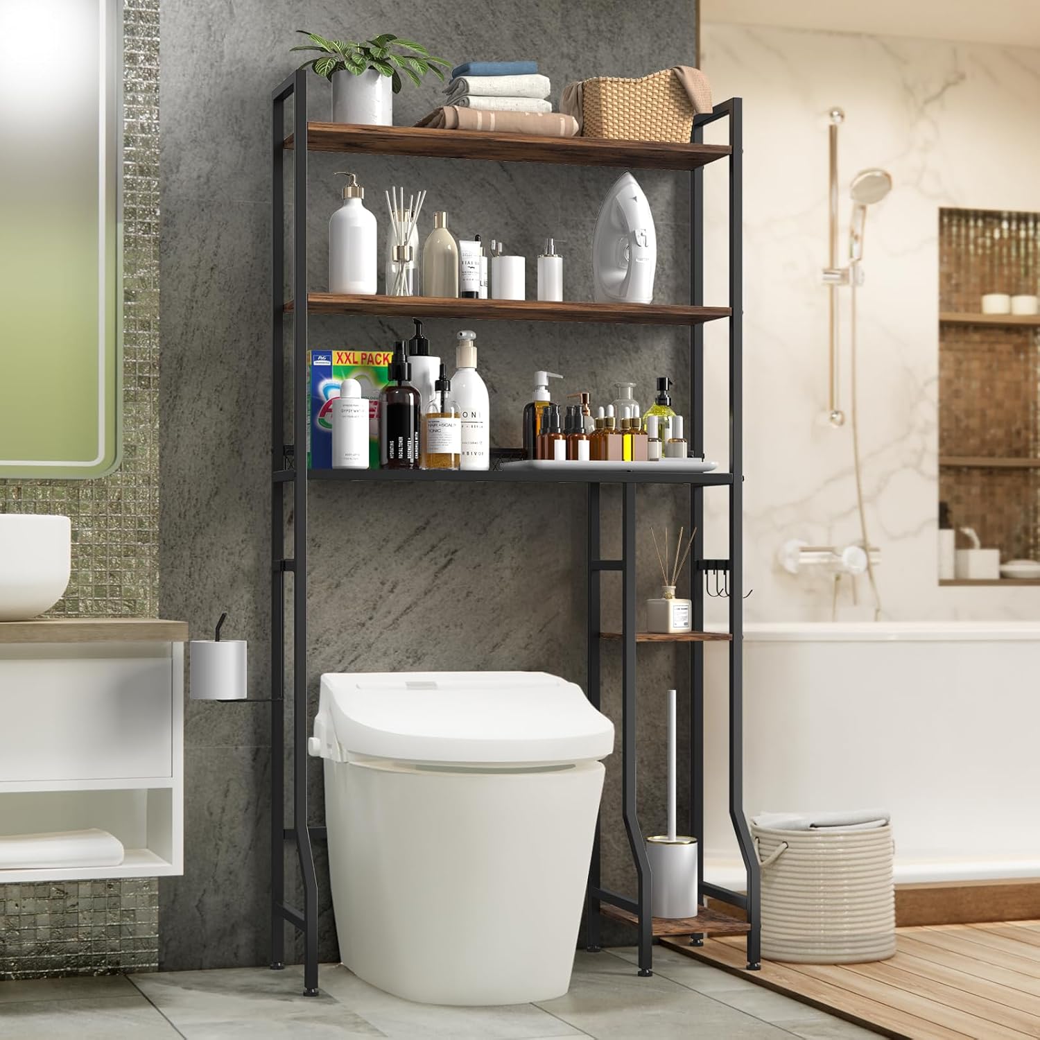 CADUKE Over-The-Toilet Storage Rack, Bathroom Organizer Shelf Over Toilet with 5 Hooks, Freestanding Space Saver for Bathroom, Restroom, Laundry, Brown