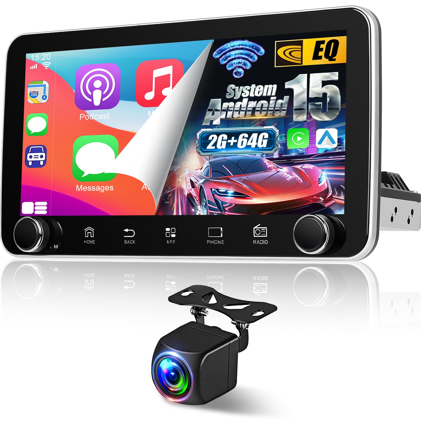 NHOPEEW [2+64G] 10.36 inch Android 15 Single Din Touchscreen Car Stereo, 1 Din IPS Touchscreen Radio - Wireless Carplay & Android Auto, WiFi, GPS,