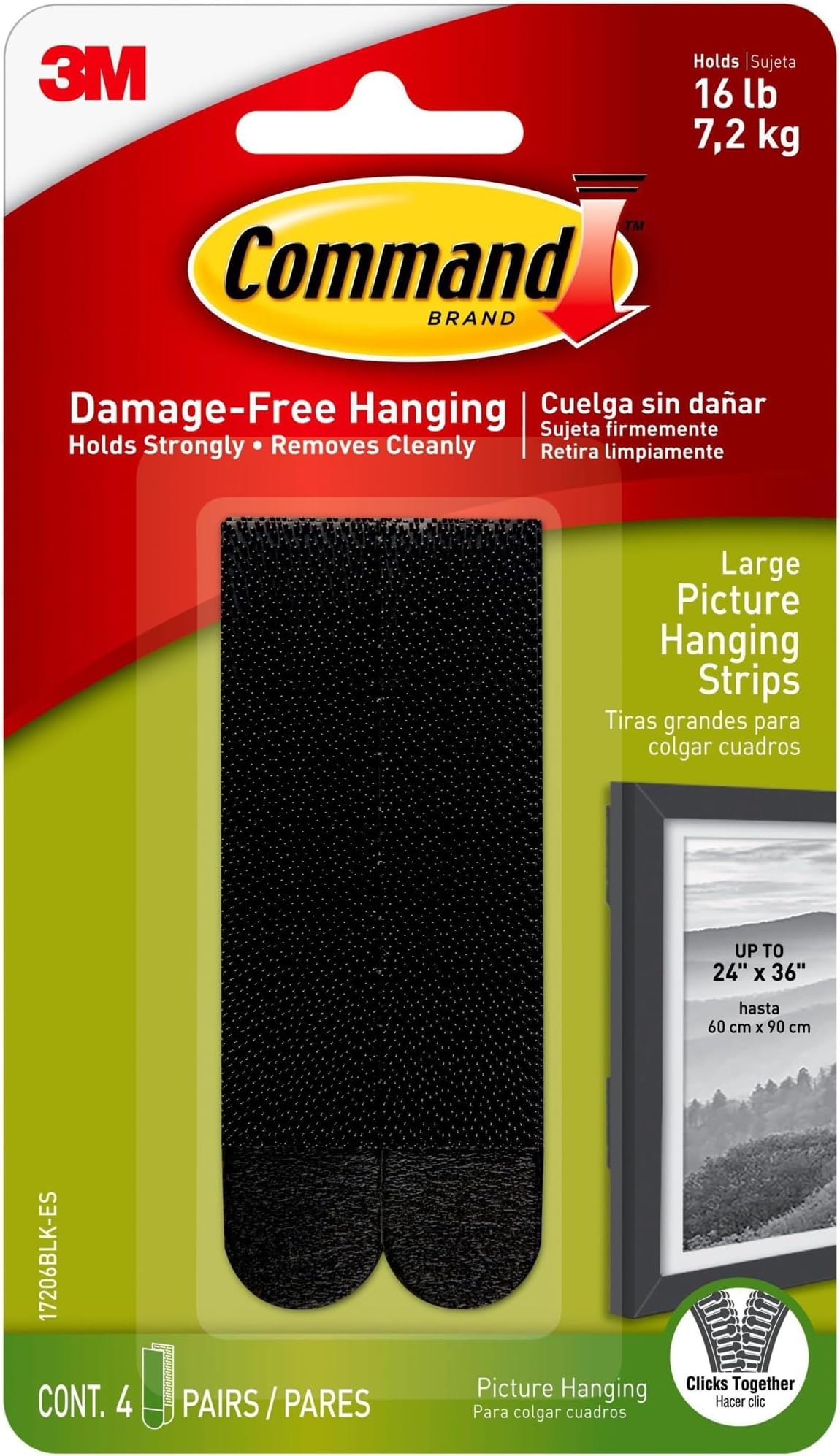 Large Picture Hanging Strips - 4 Pairs (8 Strips) Adhesive Strips, Black - Damage Free Hanging - for Posters, Pictures, Frames and Mirrors, Wall Décor and Signs - Holds up to 7.2kg