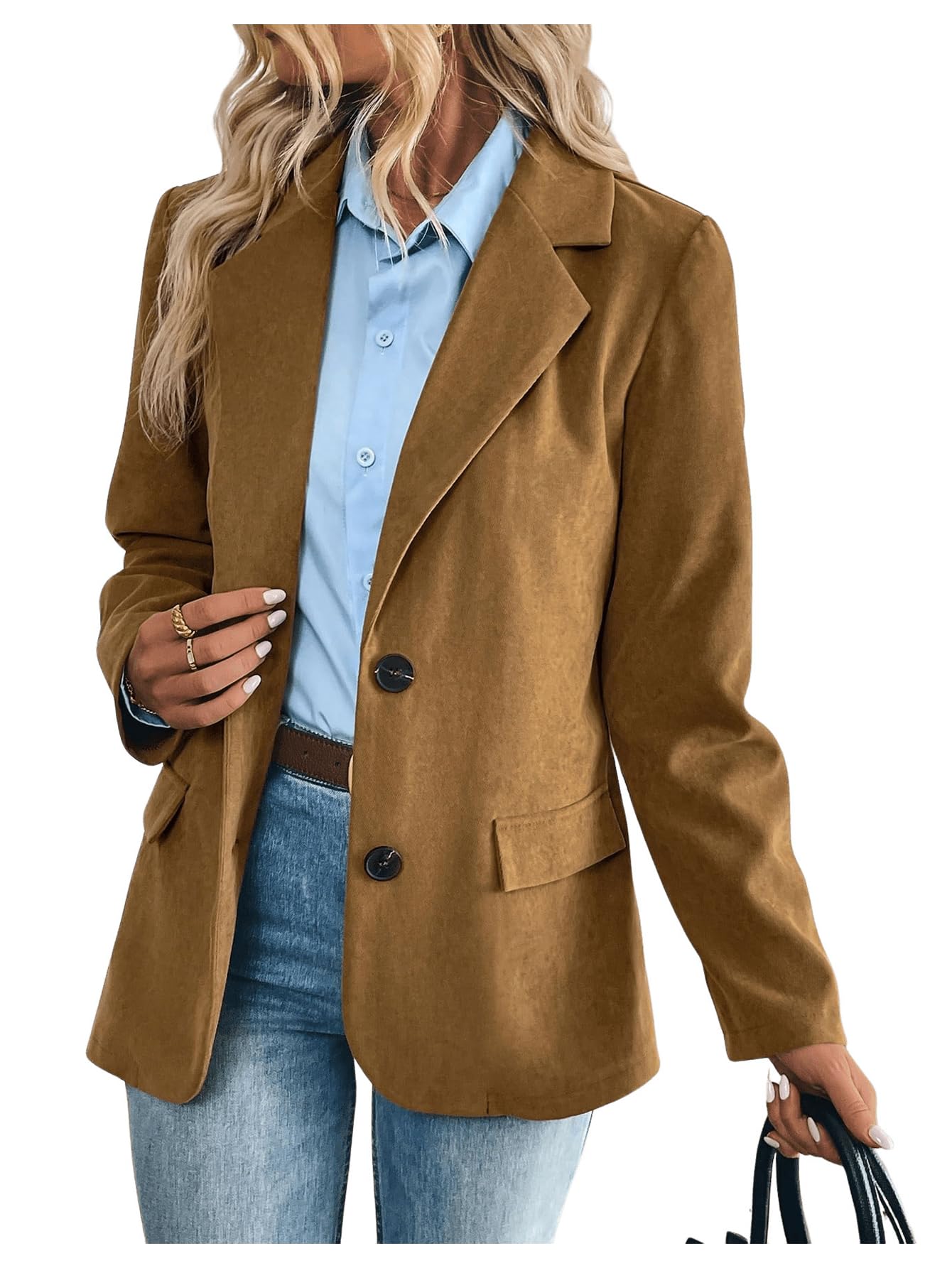 Floerns Womens Faux Suede Lapel Neck Blazers Button Down Long Sleeve Blazer Jacket