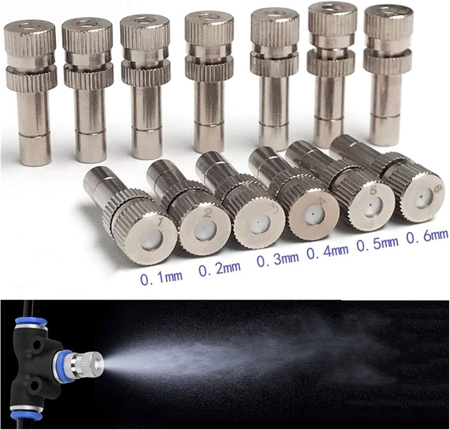 80pcs Misting Nozzles for Cooling System, 6mm Quick Connect Mister Heads, Water Mister Nozzles, Stainless Steel Sprinkle Fog Nozzles for Patio Garden 0.004-0.024Inch Sprayer Irrigation Tool Kit