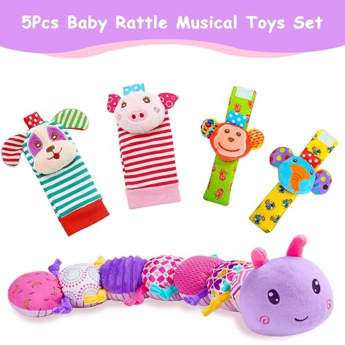 Miniatura 2 de Juego de 5 juguetes de sonajeros para bebé, 4 calcetines de muñeca para bebés y 1 juguete musical de cocodrilo con arrugado multisensorial,