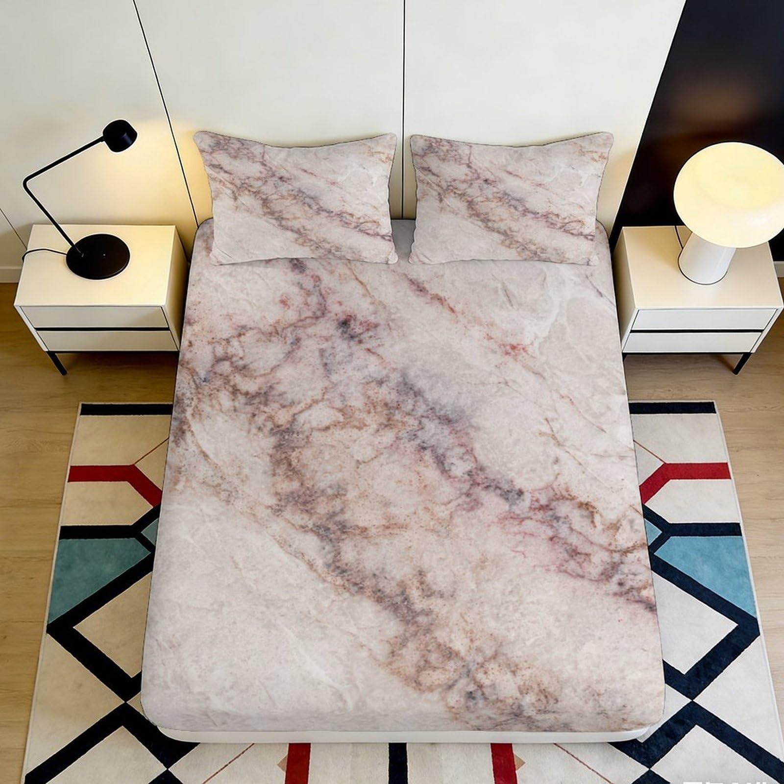 3D Printed Marble Texture Fitted Sheet Microfiber Soft Non-Slip Pink Vein Bed Cover for Bedroom Guestroom Decor 140x200x25cm