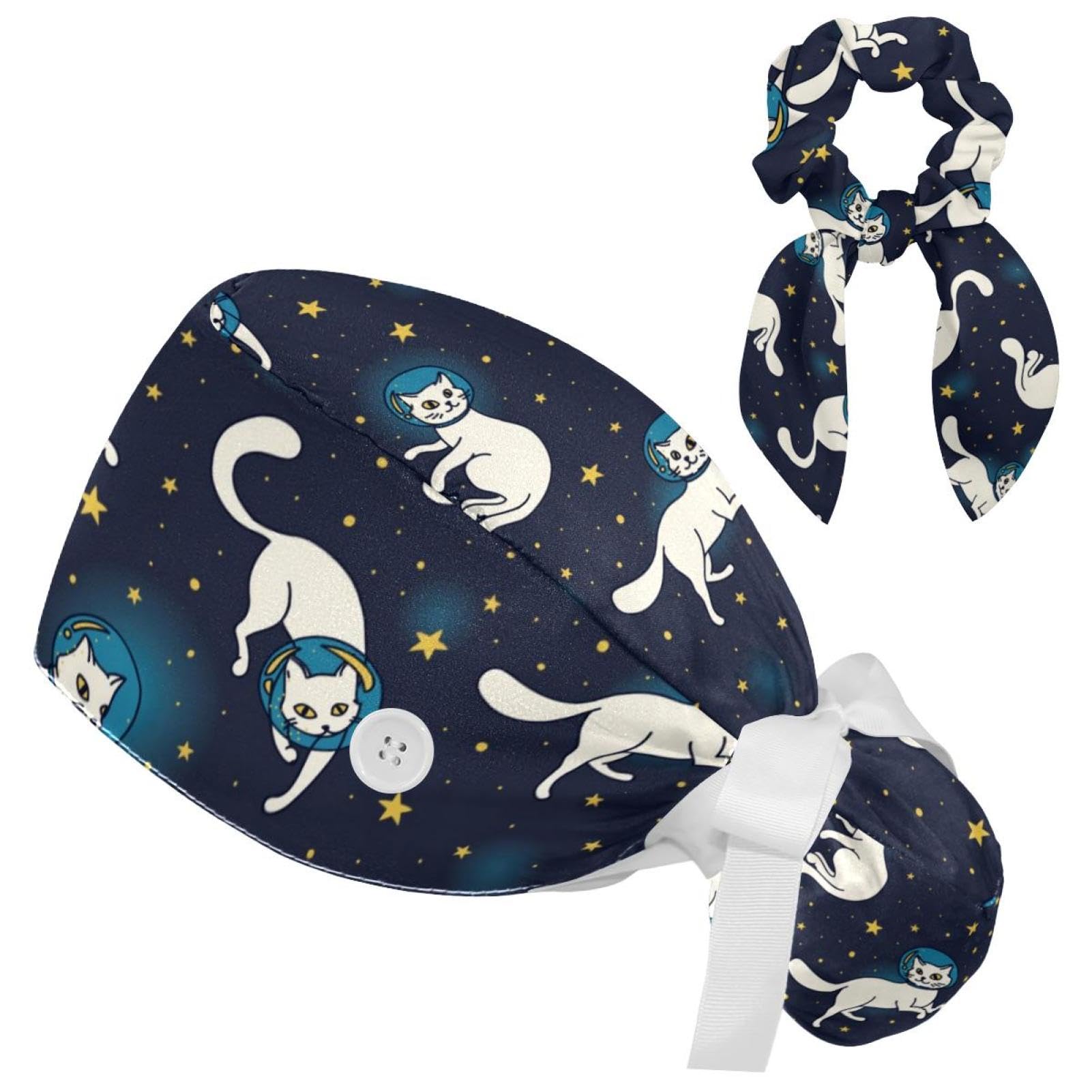 GenericSpace Cats Cute Scrub Caps Surgical Women with Button Adjustable Hats Surgical Caps with Scrunchie for Women