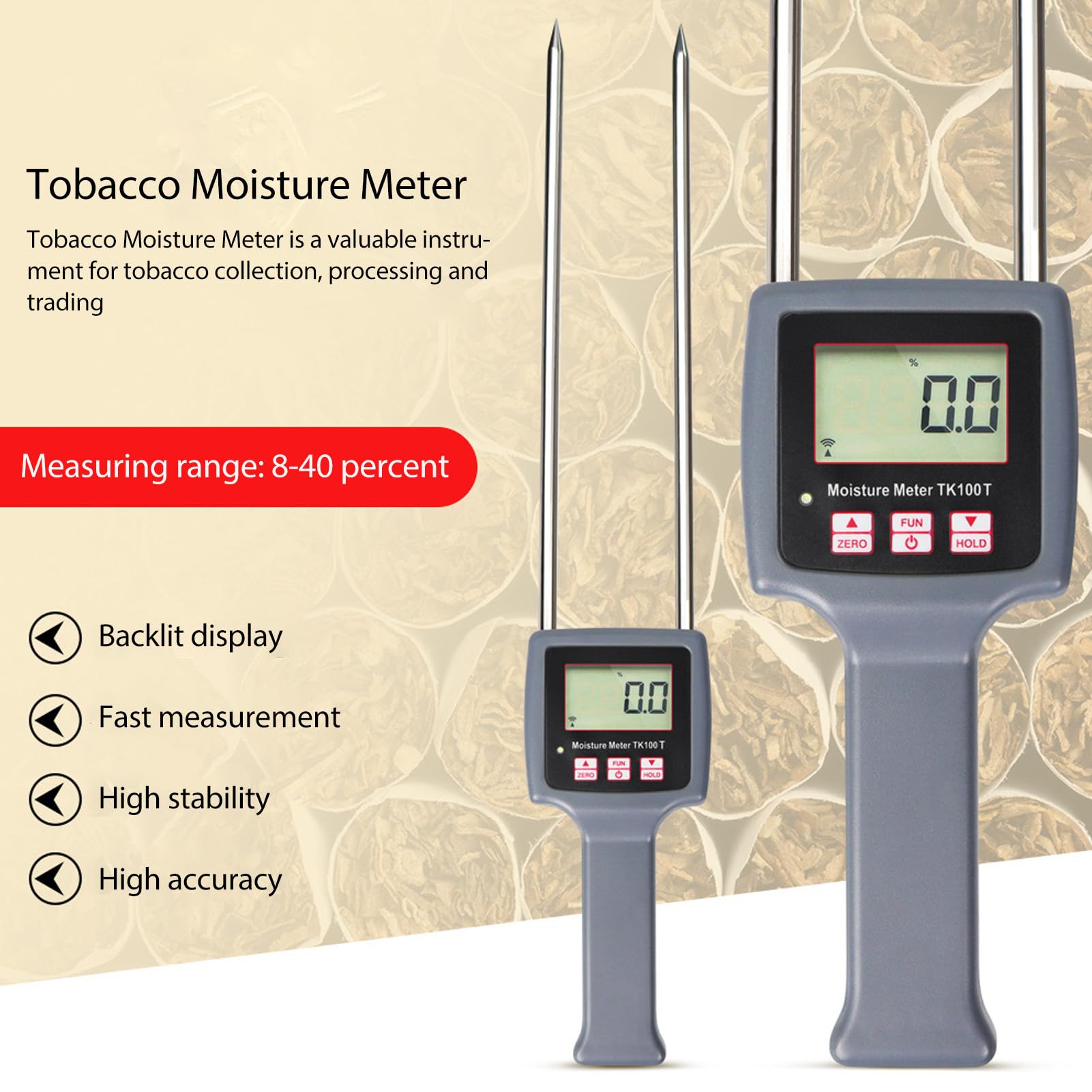 Aramox Medidor de Humedad de Heno Portátil Probador de Humedad de Heno Digital de Acero Inoxidable ABS Rango de 8 a 40 por Ciento LCD Retroiluminado ATC para Usuarios de Pasto Forraje de Paja de