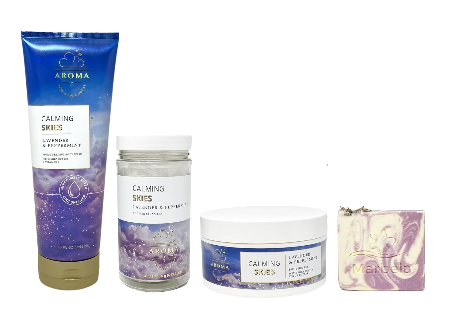 Bath & Body Works Aroma Calming Skies Lavender Peppermint - Trio Gift Set - Moisturizing Body Wash Shower Steamers and Body Butter with a Lavender Dream Bar Soap - Full Size