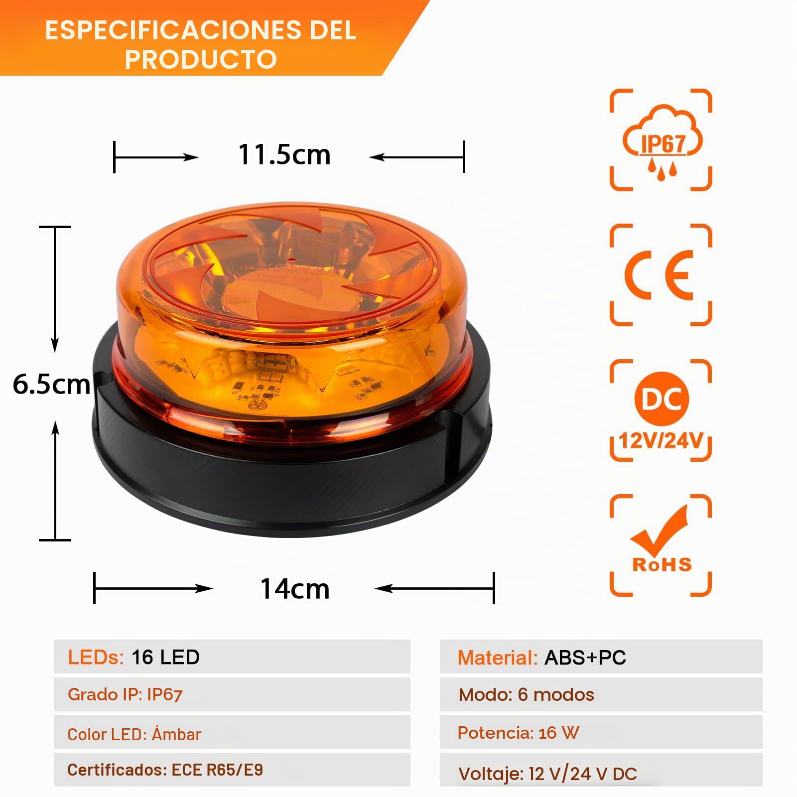 Advertencia Rotativo Beacon LED Naranja 12V 24V con 2 Rotación + 4 Strobe model, Luce intermitentes de emergencia orange Impermeable, E-marca,ECE R65,E9,R10-06