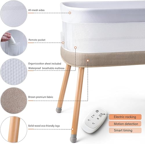 Miniatura 6 de Cuna Mecedora Automática, Moisés Eléctrico para Bebé con Movimientos Mecedores Automáticos y Ruido Blanco Relajante, Cuna Junto a la Cama para Bebé