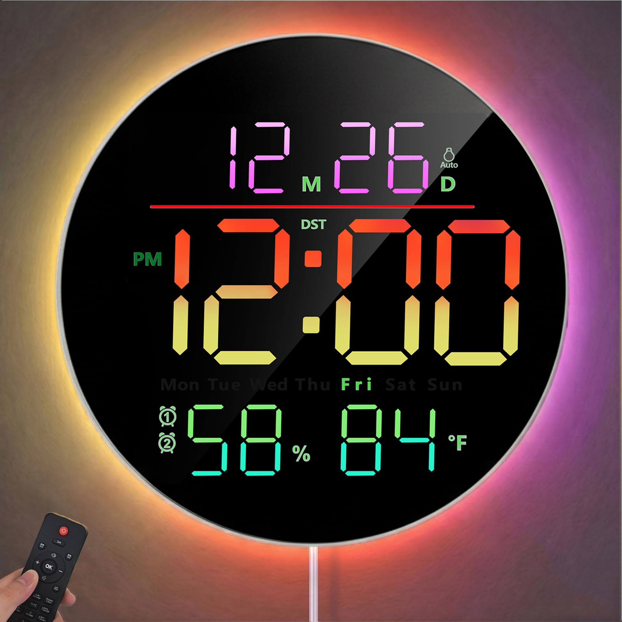 Photo 1 of Tempospark 10" Round Digital Wall Clock for Bedroom, 13-Color RGB Model Large LED Display Electric Clocks with Remote for Classroom Home Office Living Room Gym Garage (Adapter Not Included)