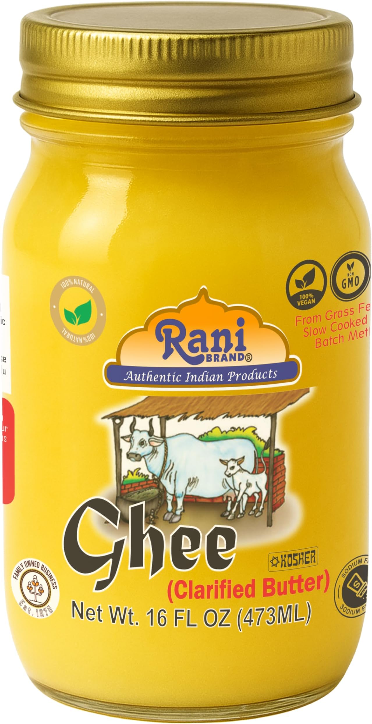 Rani Ghee Pure & Natural from Grass Fed Cows (Clarified Butter) 16oz (1lb) 454g ~ Glass Jar | Paleo & Keto Friendly | Gluten Free | Kosher | Product of USA