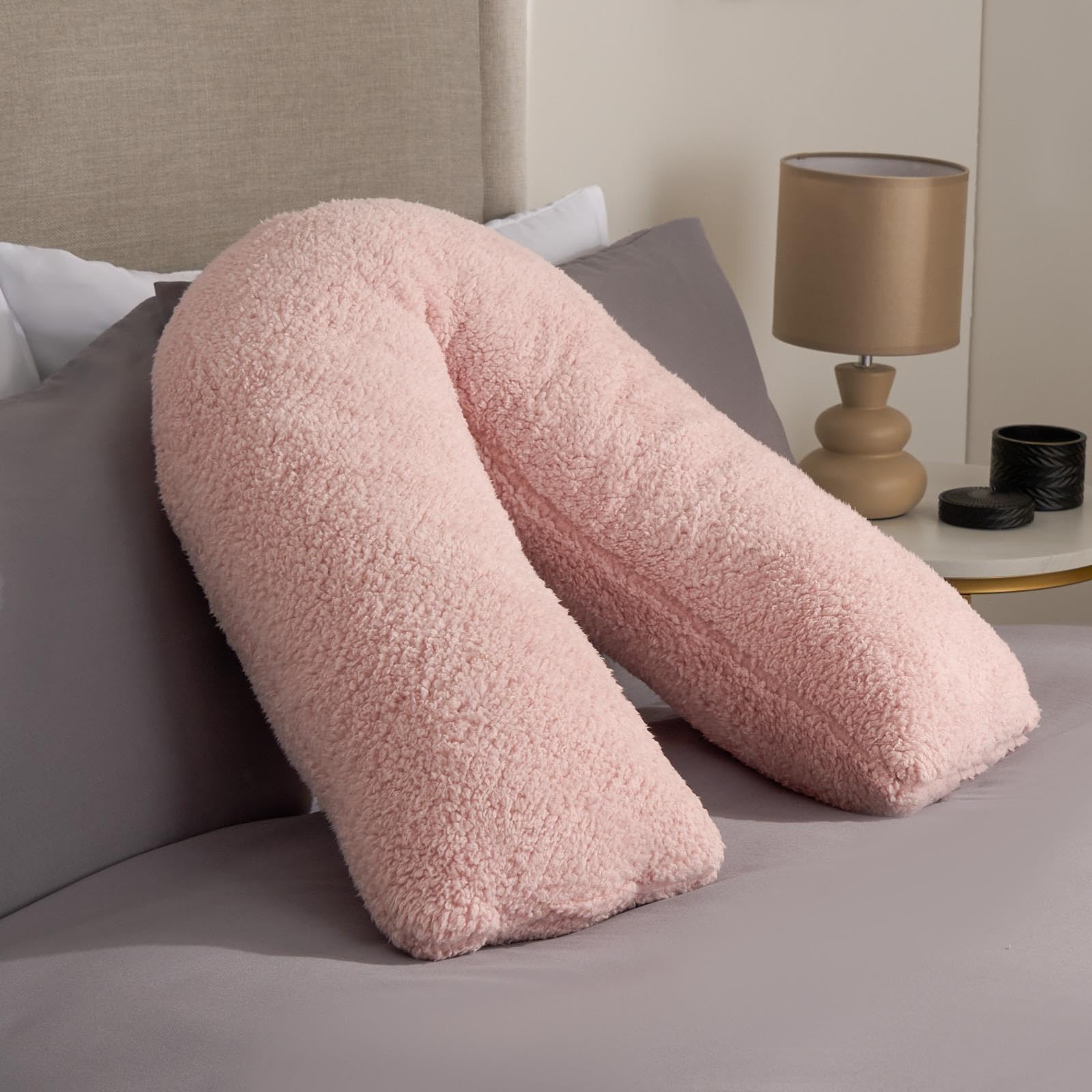 OHS Teddy Pillow V Shaped Blush Pink, Pregnancy Pillows for Sleeping Relaxing Super Soft Warm Comfy Pillow Snuggle V Shaped Cushion for Bed, 68 x 45 x 18cm