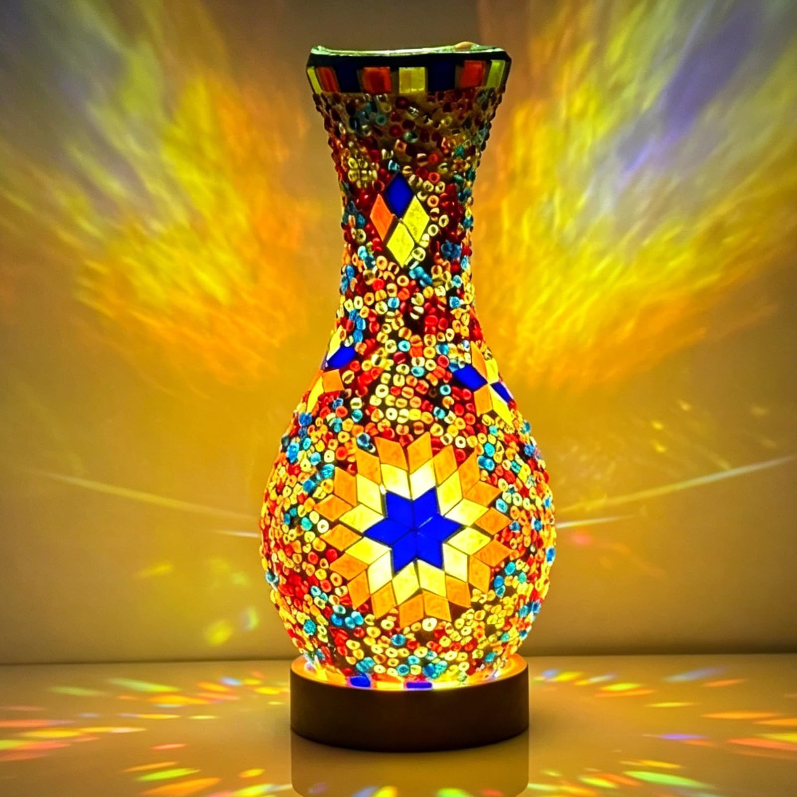 BRGD Rétro Lampe de Vase en Mosaïque, Turque Lampe de Table Marocaine avec USB Base en Bois Vase en Verre Coloré Fait à Main pour Chambre à Coucher, Salon, Ferme