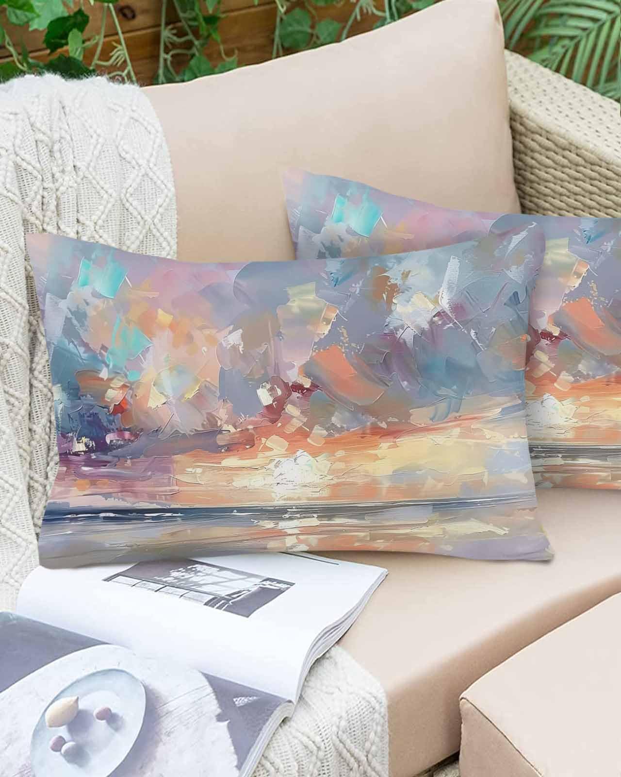 Boanket Lumbar Pillow Covers 12 x 20 in, Grey Blue Teal Coastal Waterproof Throw Pillow Cover Set of 2, Oil Painting Modern Art Home Decorative Rectangle Cushion Covers for Patio/Tent/Couch/Garden
