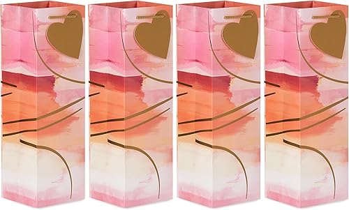 Hallmark Bolsas para botellas para el día de San Valentín (4 bolsas con etiquetas de regalo de corazón dorado) melocotón, rosa, acuarela morada