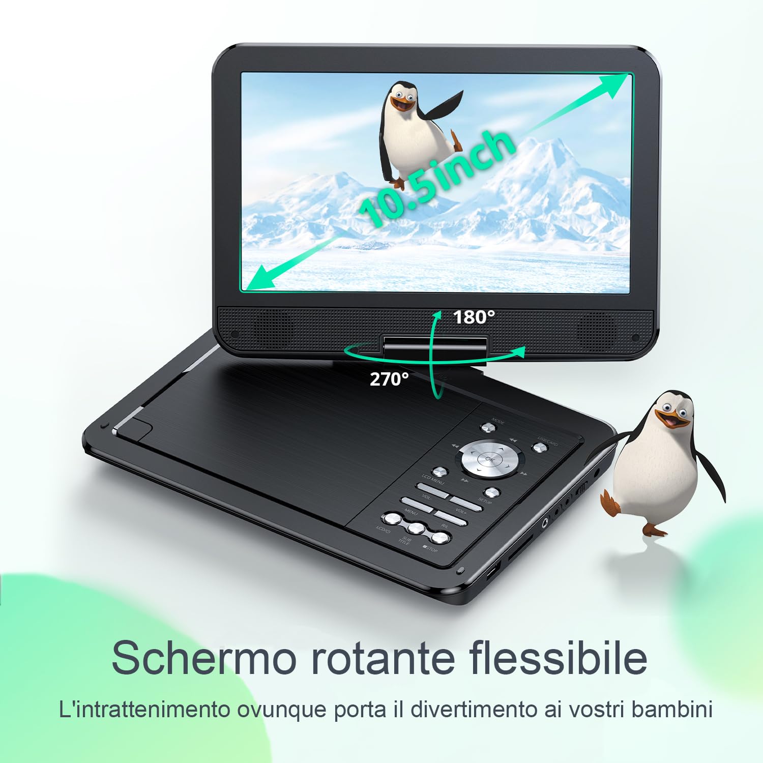 YOTON Lettore DVD Portatile 12,5" con Schermo Girevole HD da 10,5" per Auto e Bambini, con Caricatore per Auto, Supporta 6 Ore di Batteria Integrata e USB/scheda SD/sincronizzazione TV，Nero