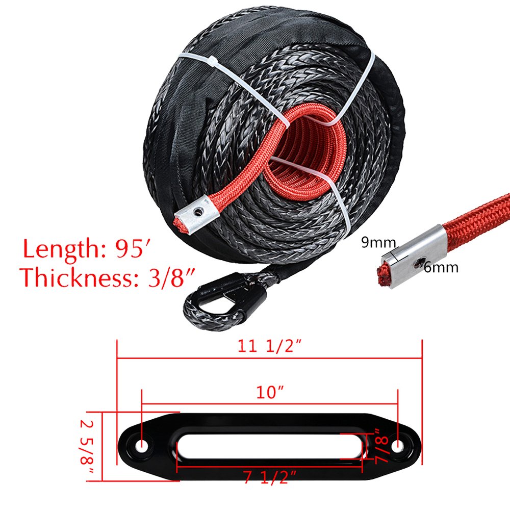 amopacorp 95ft 3/8inch 20500lbs Synthetic Winch Rope with Protective Sleeve and Anodized Black 10 inch Hawse Fairlead