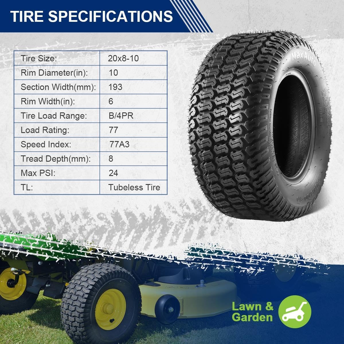 MaxAuto Fox V2 20x8.00-10 Tubeless Lawn & Garden Tractor Tire Set of 2, 4PR Turf Tread Replacement for Riding Mowers, NHS