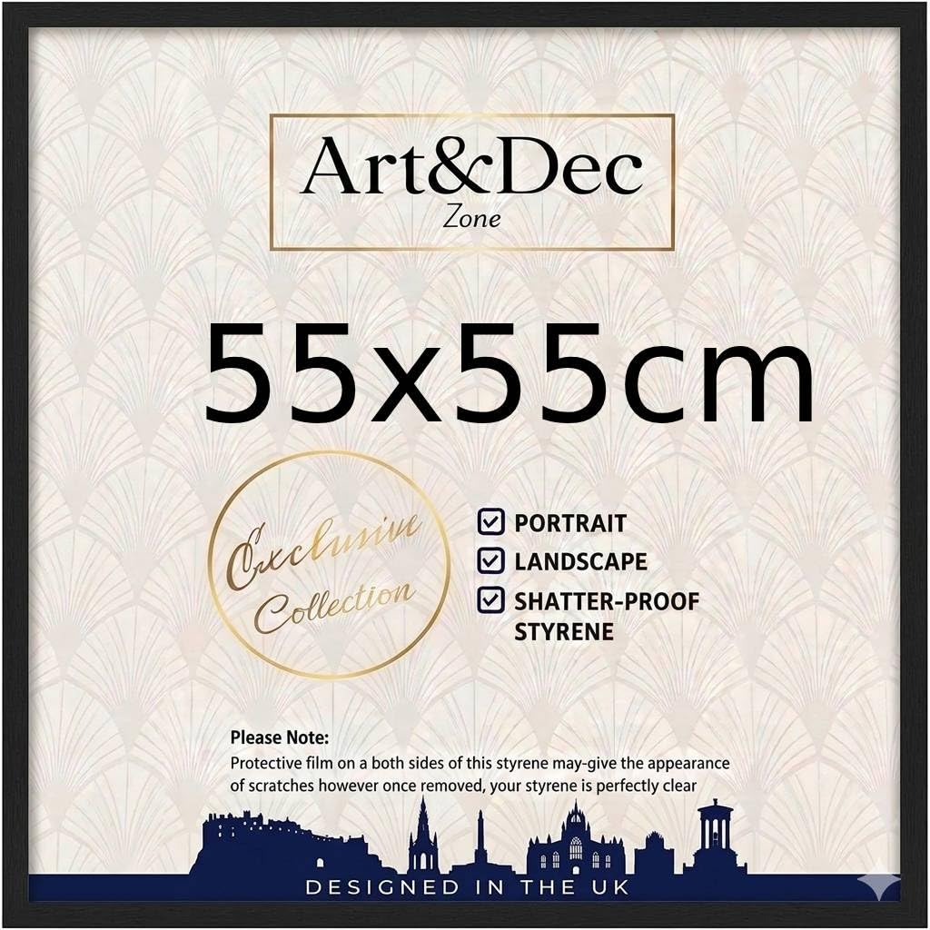 Art & Dec Zone® Sleek Black MDF Picture Frame 55x55 cm – High-Clarity Shatter-Proof Acrylic Poster Holder for Modern Wall Decor