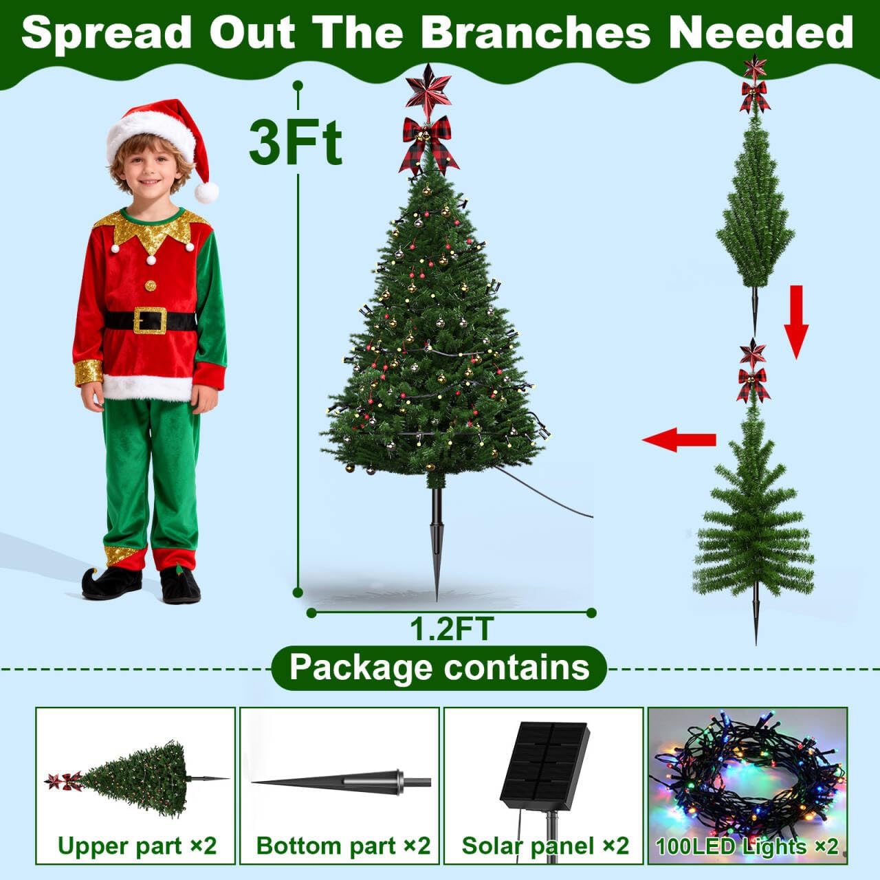 Amzxart 2 Pack Solar Christmas Tree, 3.3FT Christmas Tree with 100 LED Multicolor Solar Christmas Lights,Xmas Ball and Red Berry,Solar Christma Trees for Outside Yard Cemetery Christmas Decoration