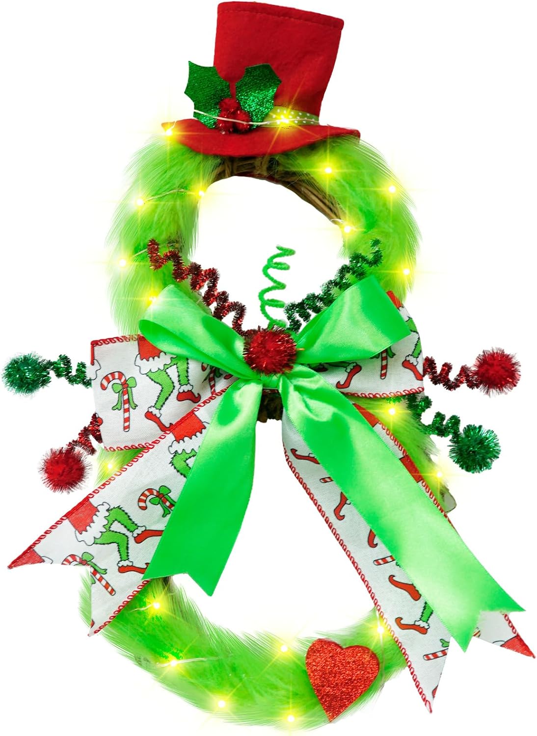 Grinch Christmas Wreath for Front Door, Fairy Light Grinch Wreath for