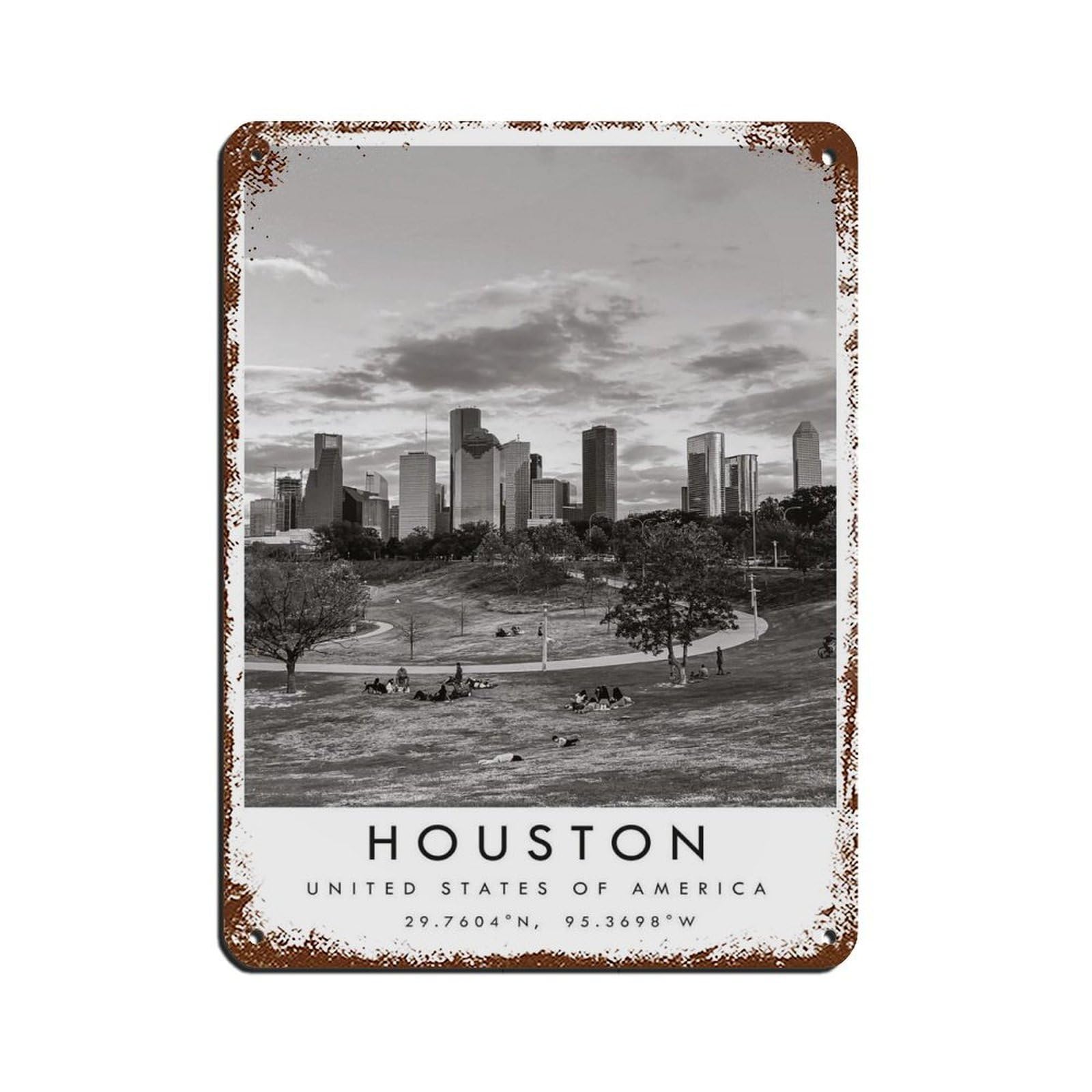 Houston Travel, Texas Poster Retro Poster Metal Tin Sign Chic Art Retro Iron Painting Bar People Cave Cafe Family Garage Poster Wall Decoration 12x16inch(30x40cm)