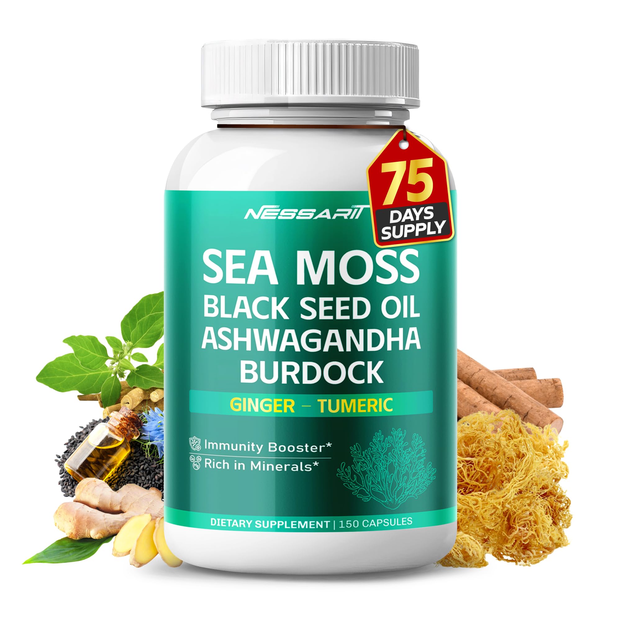 Complete 16-in-1 Sea Moss Blend, Black Seed & Burdock, 150 Counts 150 count (pack of 1)