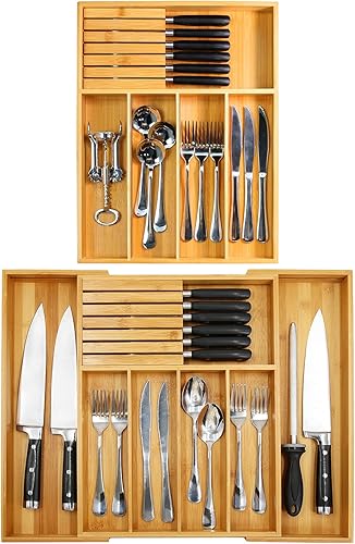 VaeFae Organizador de cajones de cubiertos de bambú con juego de bloques de cuchillos