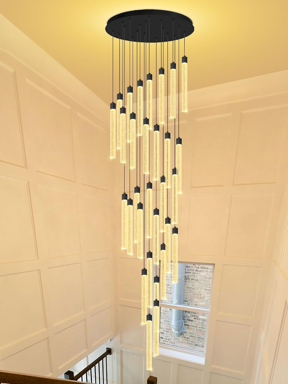 177‘’ Long Crystal Column Chandelier 30-Light Extra Large Black Staircase Chandelier High Ceiling Dimmable Led Ceiling Lighting Foyer Entryway Light Source is Replaceable