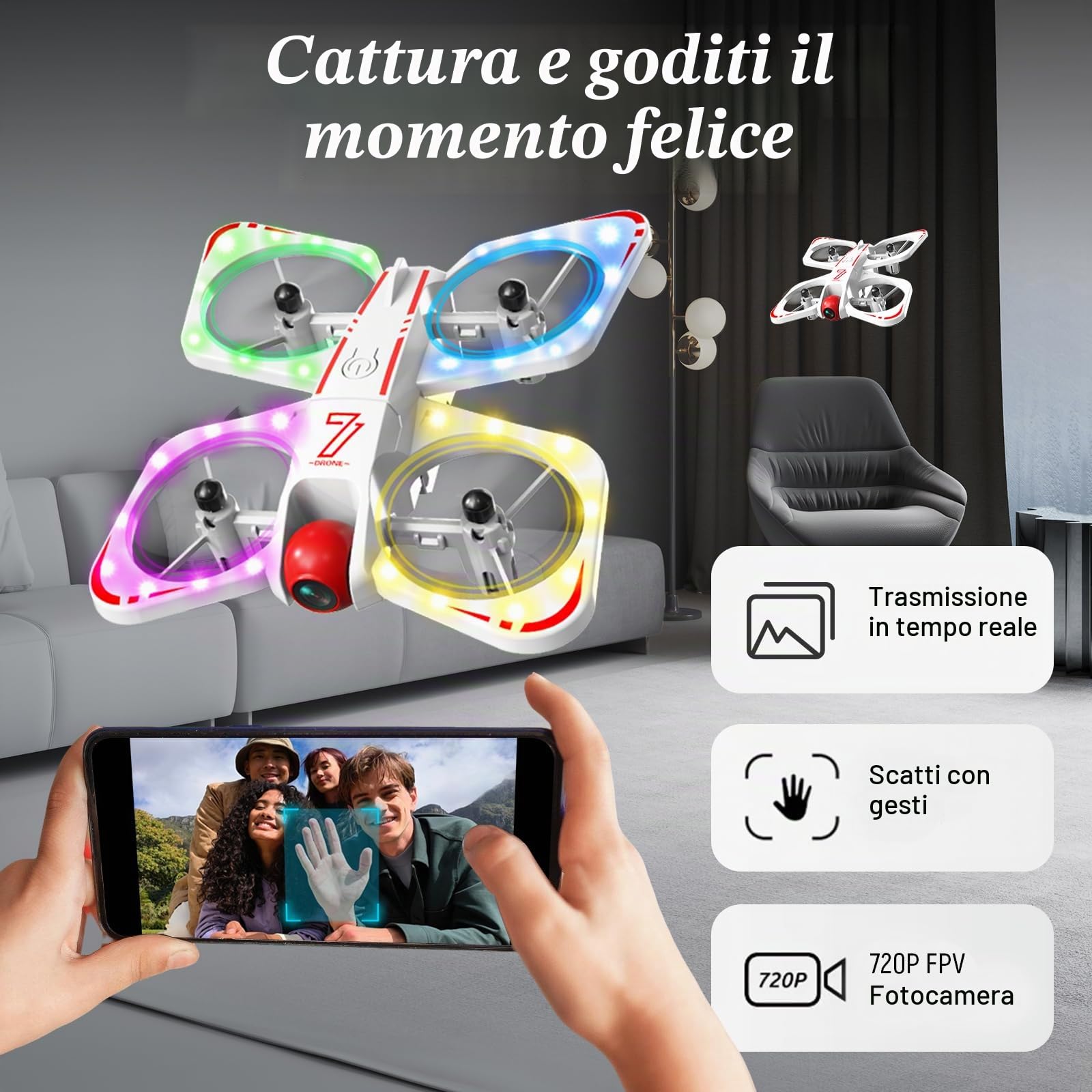 A ALPHA Mini Drone con Fotocamera 720P per Bambini, Micro Drone per Principianti, Quadcopter RC con Protezione Eliche, Flip 360°, Luci LED, Drone Giocattolo per Interno ed Esterno