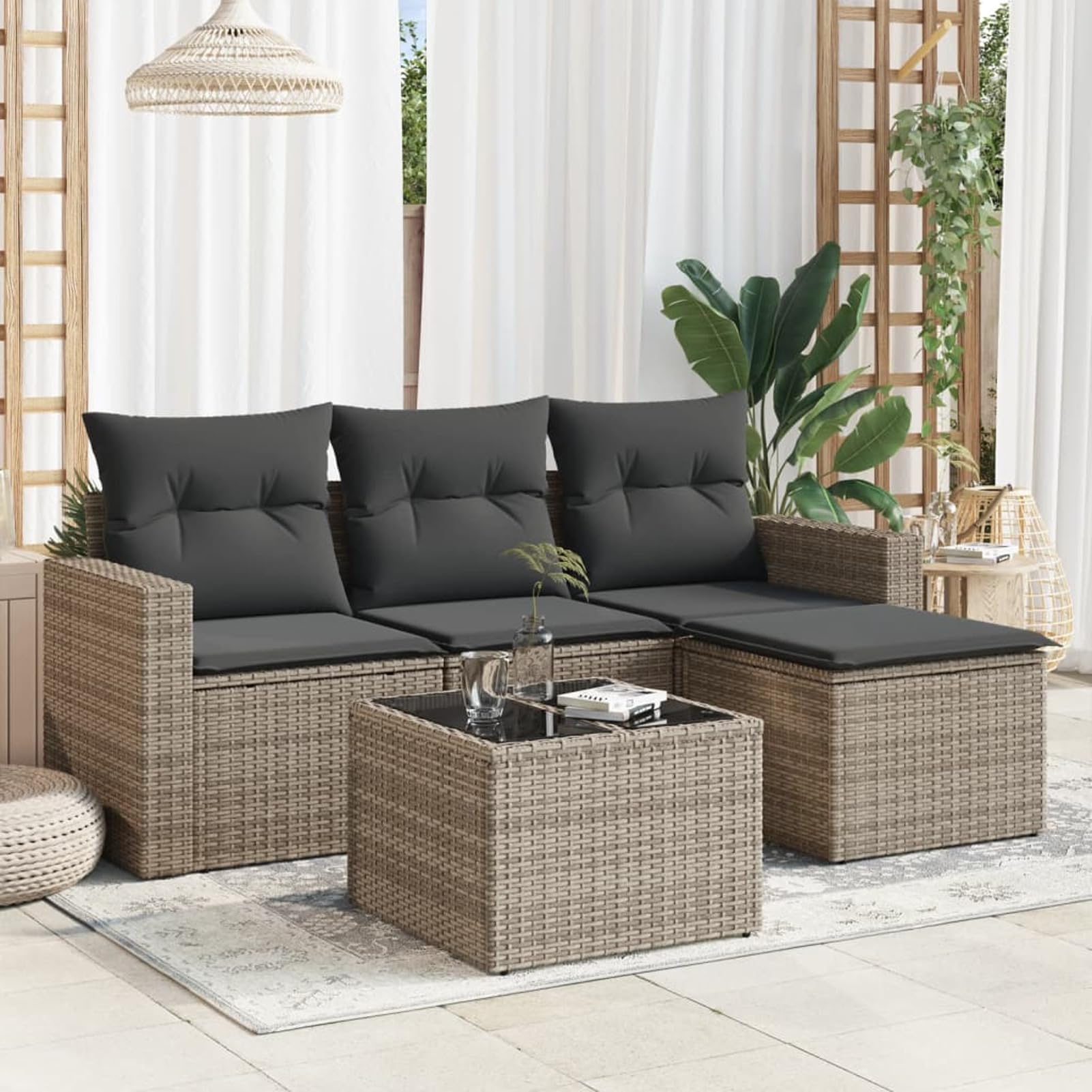 IKAYAA 5-TLG Rattan Gartenmöbel Set mit Stauraum Gartenlounge Balkon Lounge Gartenmöbel Klein Rattan Sofa Balkon Ecklounge Gartensofa Ecksofa Loungemöbel Terrasse-Grau Type-24 Garten