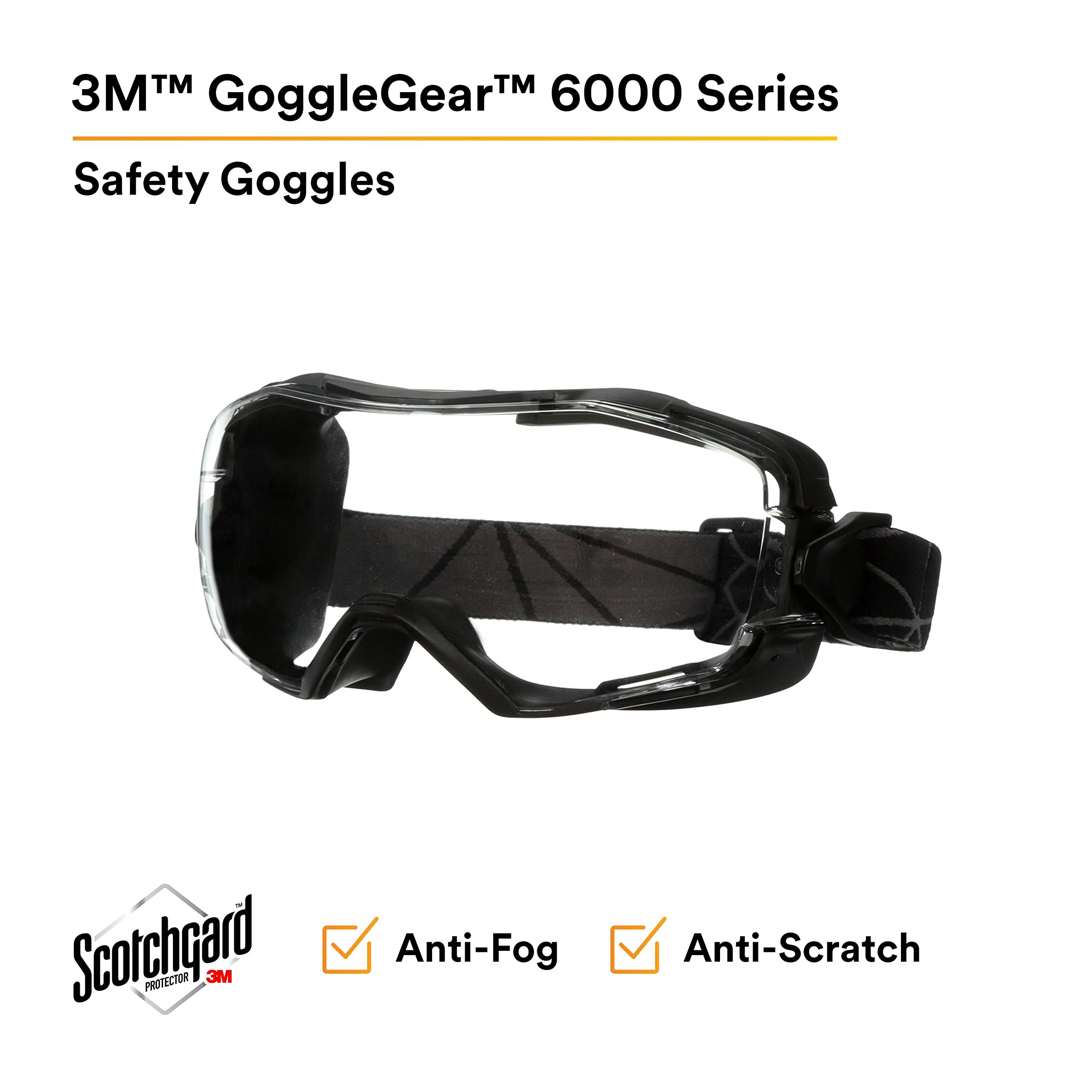 3M GoggleGear 6000 Series Gafas de seguridad, cubierta negra, revestimiento antivaho Scotchgard, lente transparente antiarañazos