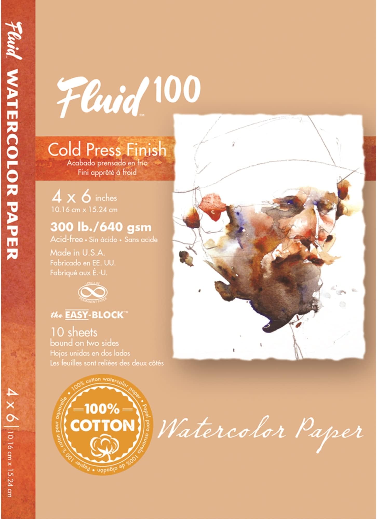 Fluid 100 Watercolor Paper Block, 4 x 6 inches, 10 Sheets, 300 lb (640 GSM) 100% Cotton Cold Press Pad for Artist Painting and Wet Media