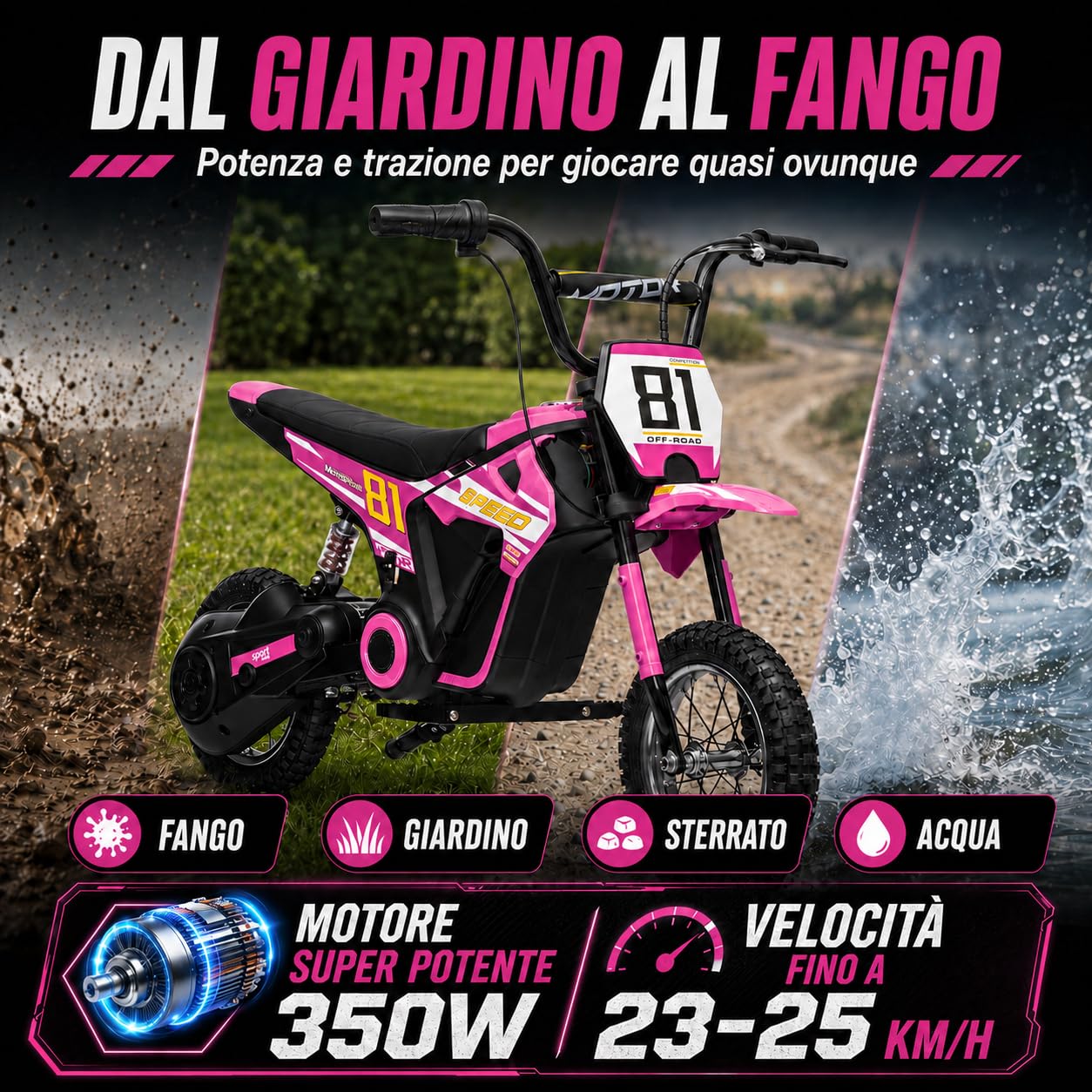 TOYSCAR Moto Elettrica per Bambini 24V 10Ah NITRO GT Motore 350W, Minimoto Elettrica Moto Cross Elettrica, Pit Bike Elettrica, Ruote Gonfiabili 12" Freno a Disco, Sedile in Pelle, 5-10 Anni